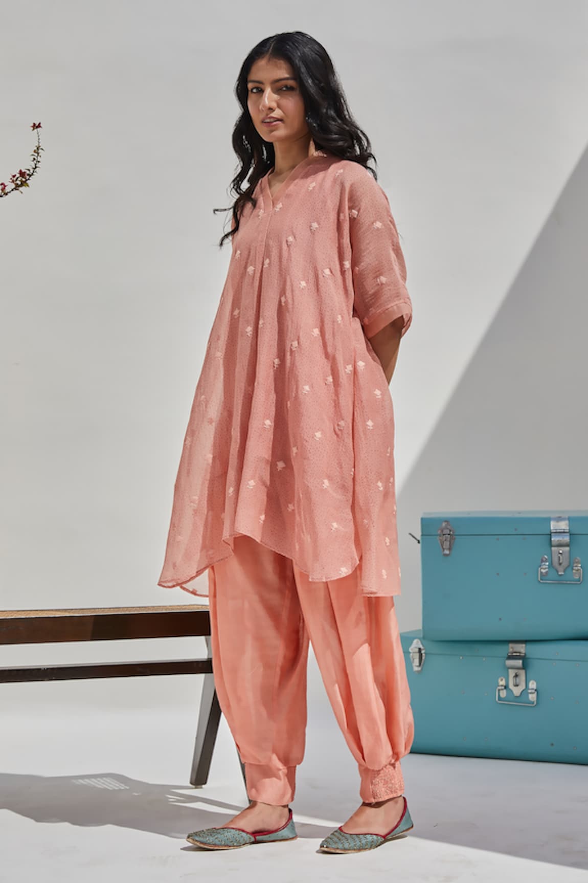 Chandbari Chanderi Embroidered Kaftan & Tapered Pant Set