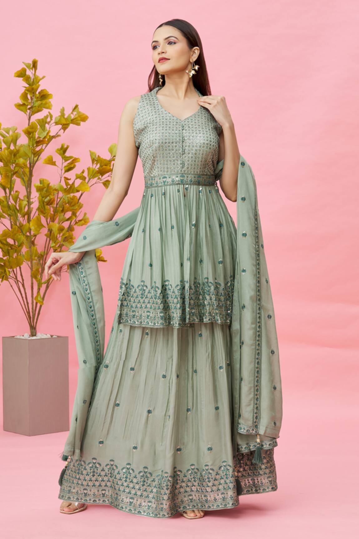 Naintara Bajaj Sequin Embroidered Peplum Kurta Lehenga Set