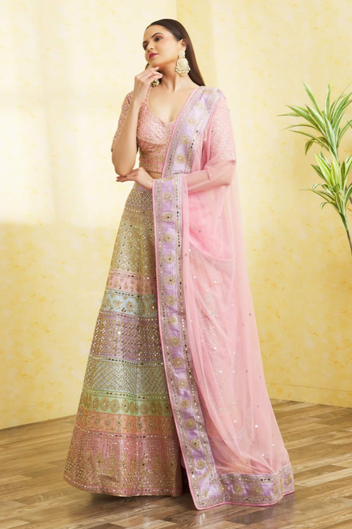 Vandana Sethi Gota & Mirror Embroidered Colorblock Bridal Lehenga Set