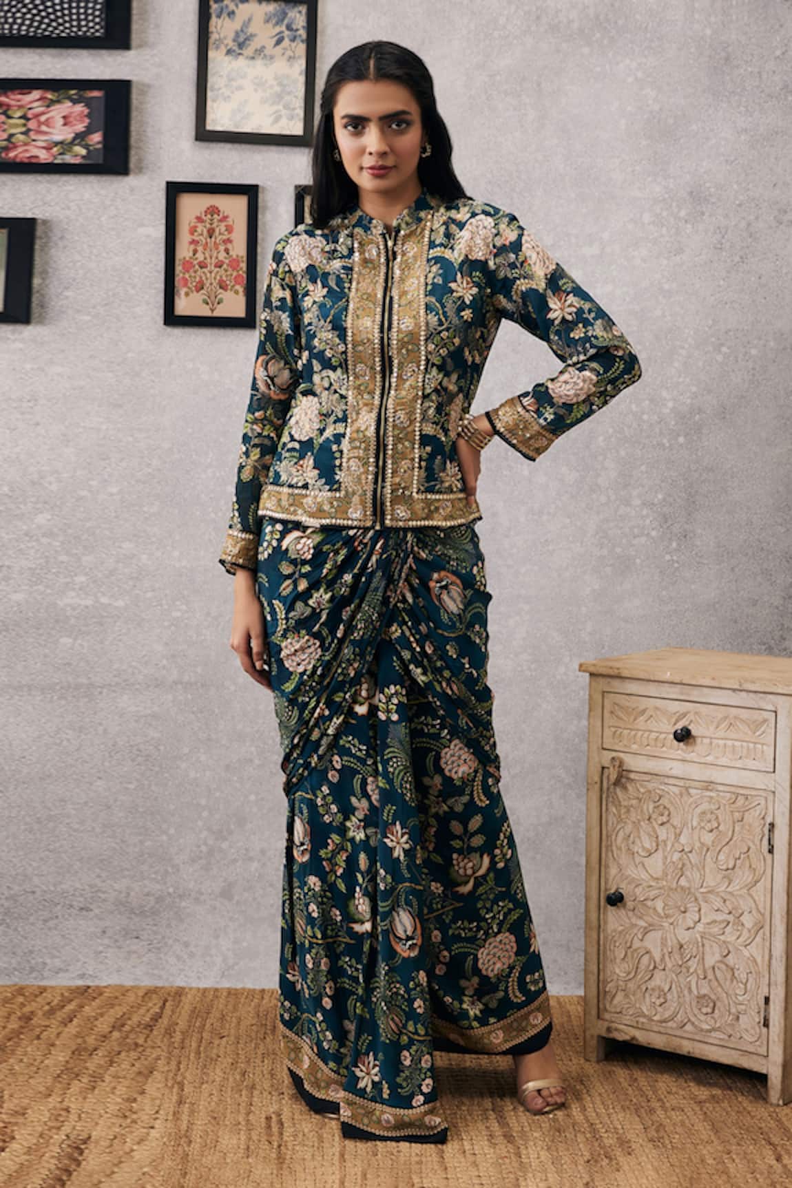 Soup By Sougat Paul Mehr Embroidered Jacket & Draped Skirt Set 