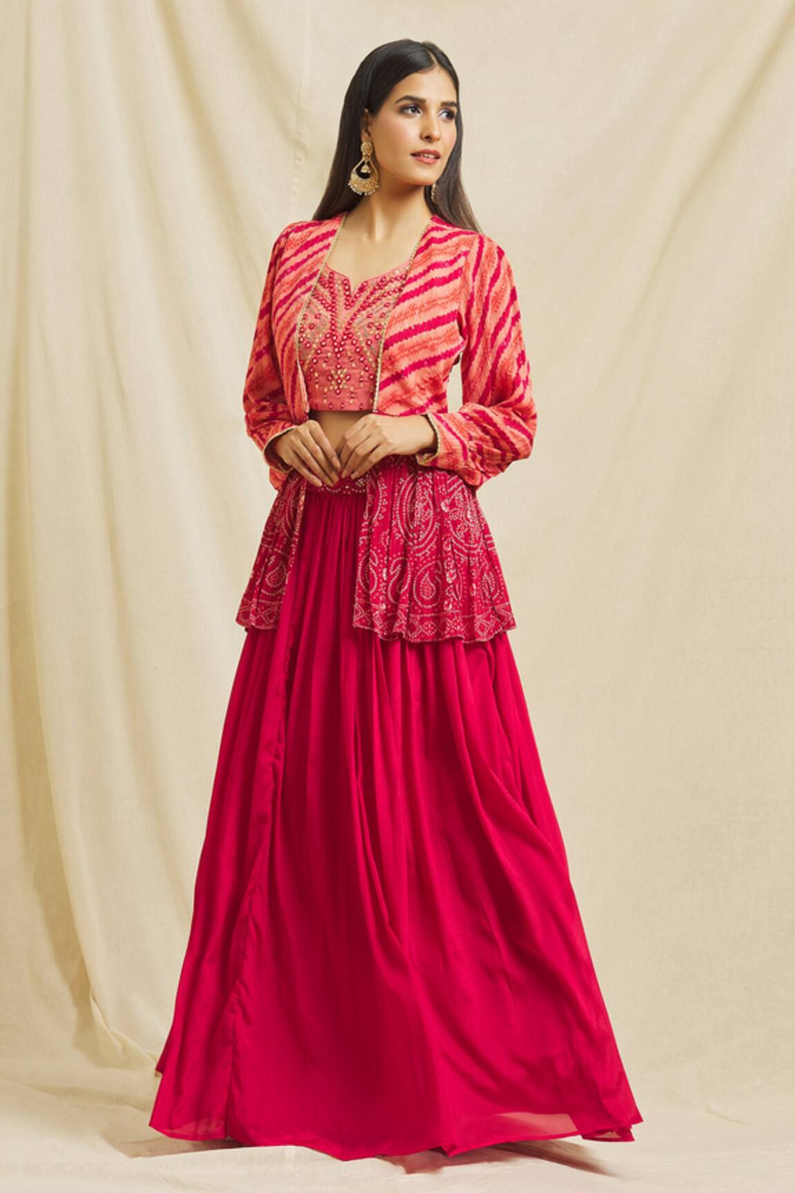 Adara Khan Stripe & Bandhani Pattern Jacket Palazzo Set