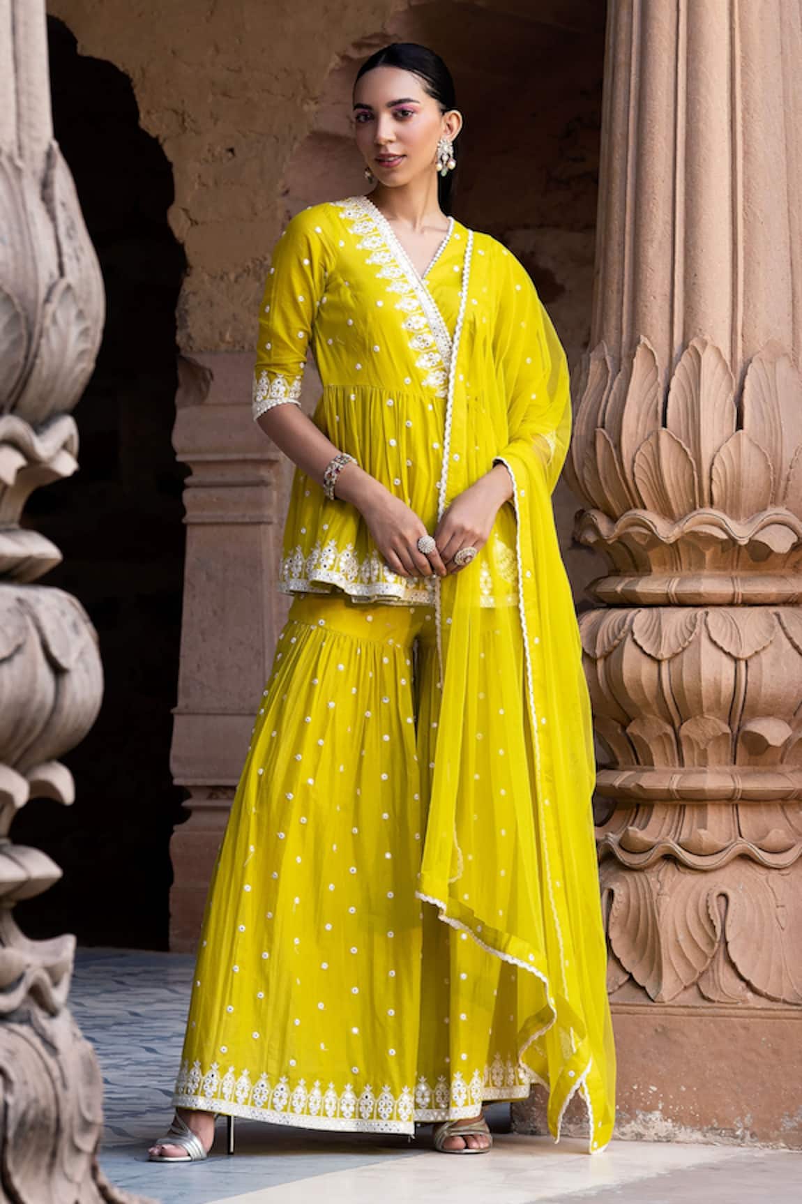 Preevin Triangle Thread Work Angarkha Sharara Set