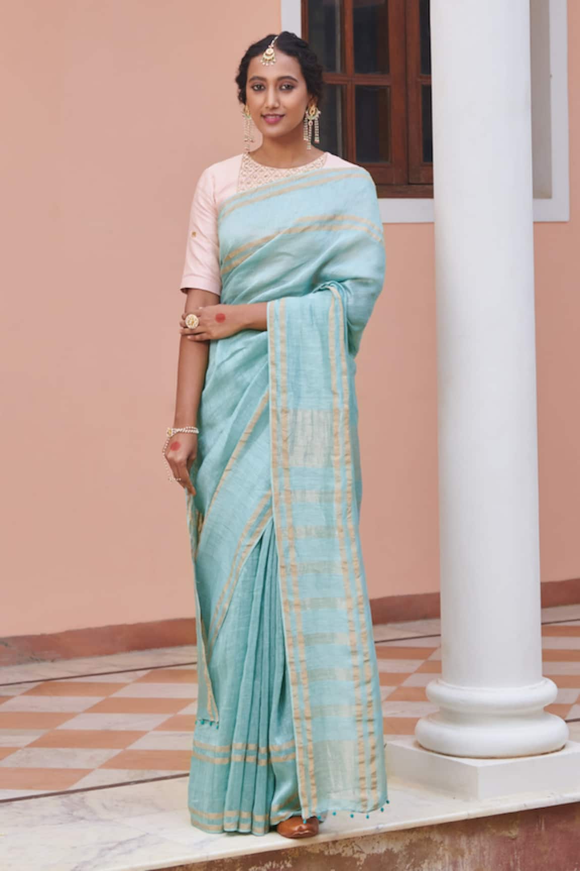 Dressfolk Aasmaani Zari Stripe Saree With Running Blouse