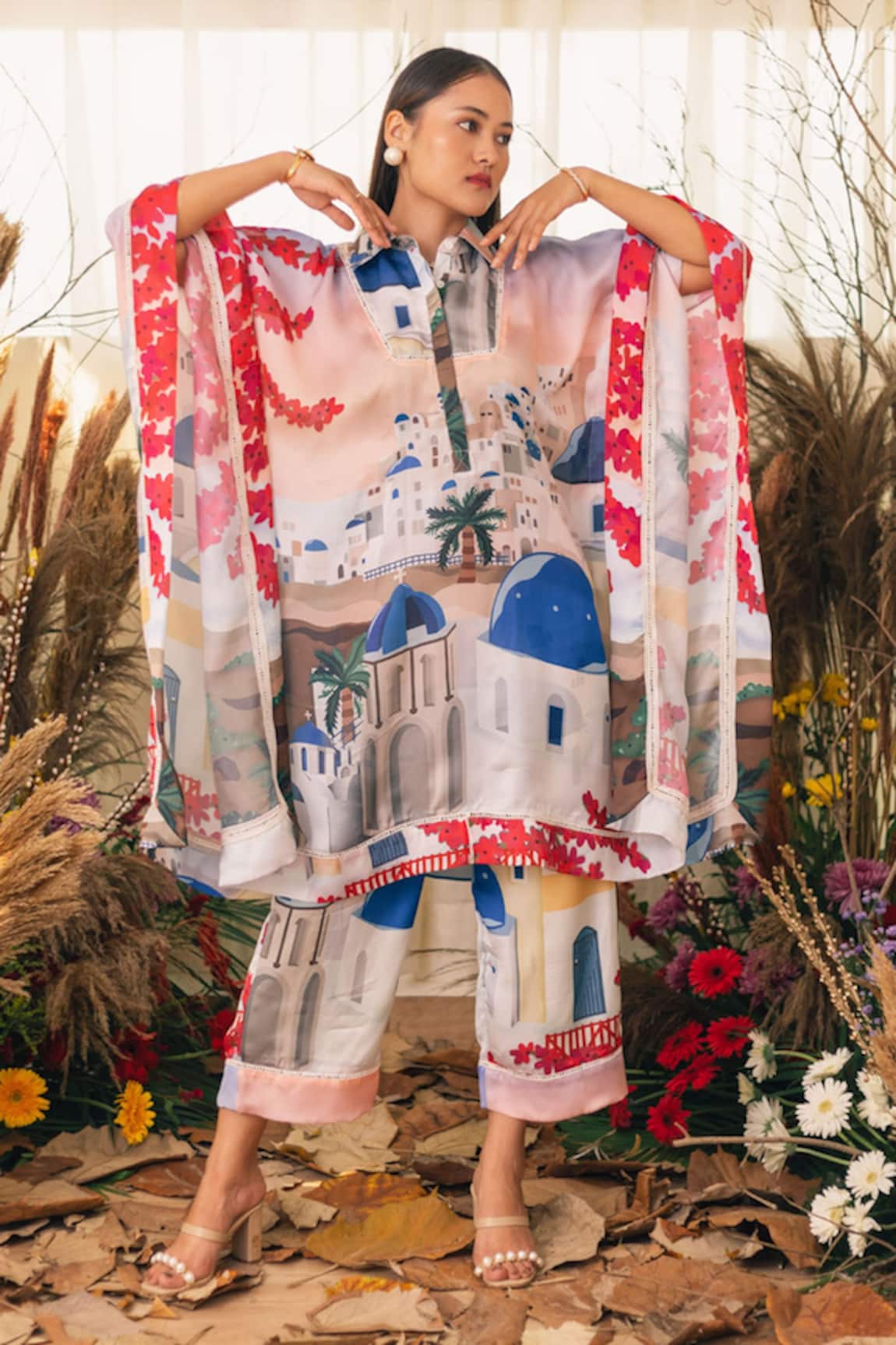 House Of Fett Oia Print Kaftan And Pant Set