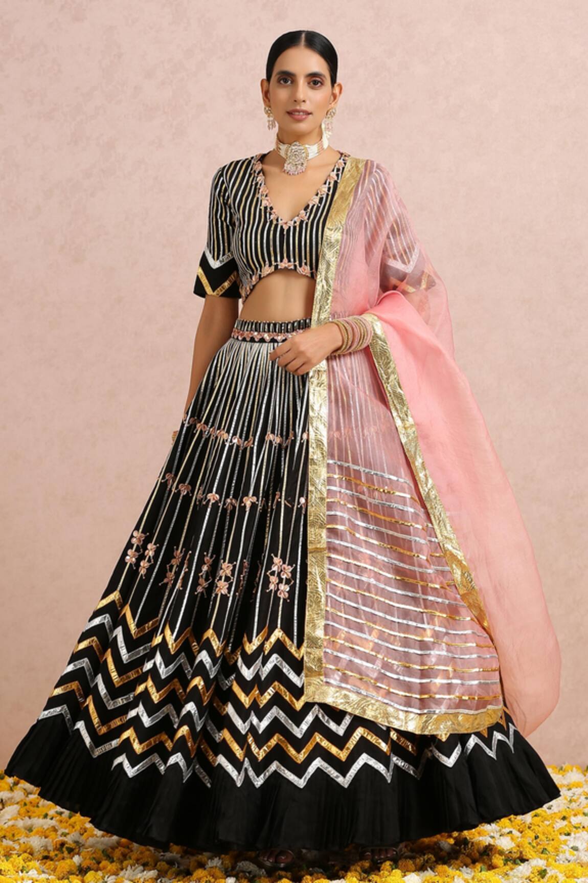 Label Nitika Stripe Pattern Embroidered Lehenga Set