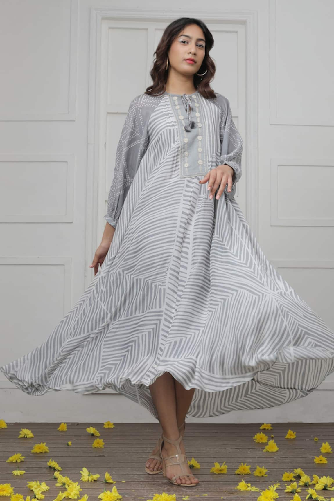 Myoho Cotton Silk Striped Pattern Dress