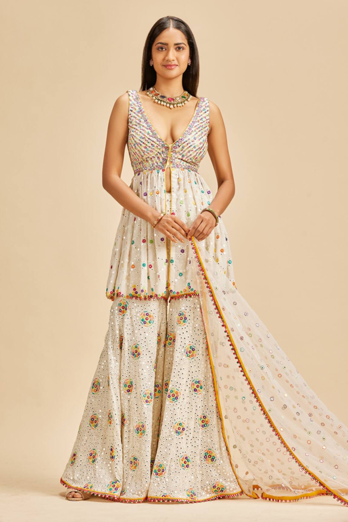 Nitika Gujral Mirror Embroidered Peplum Top Gharara Set