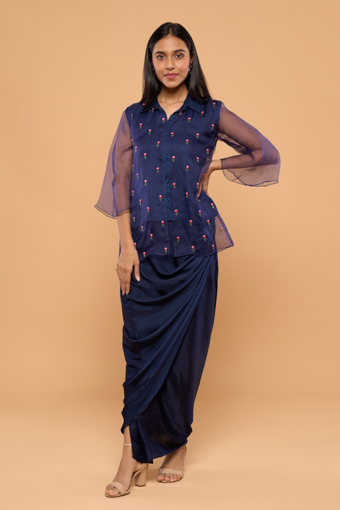 MAYU KOTHARI Rose Embroidered Shirt & Wrap Skirt Set