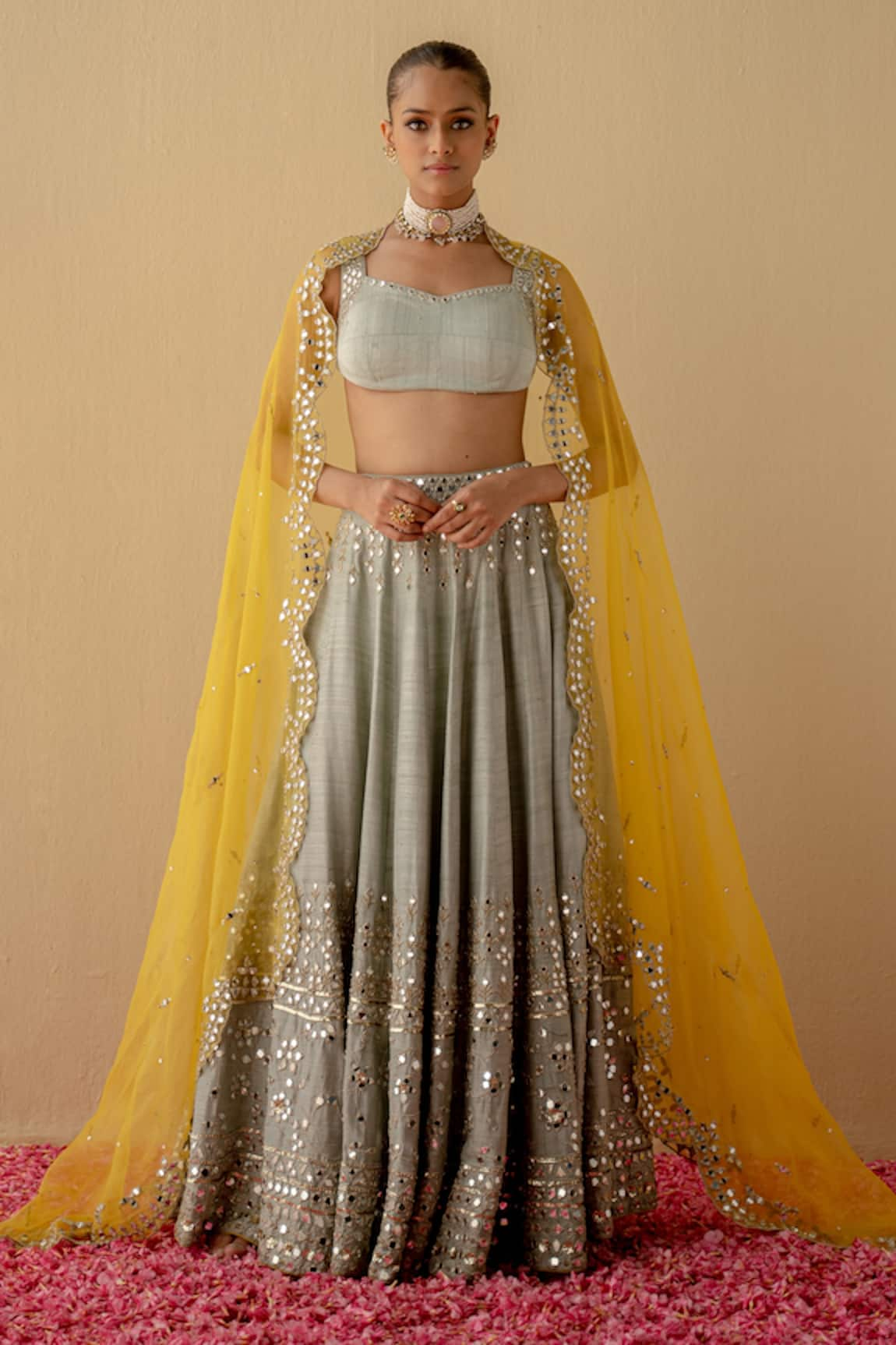 Mint blush Mirror Embroidered Blouse Lehenga Set