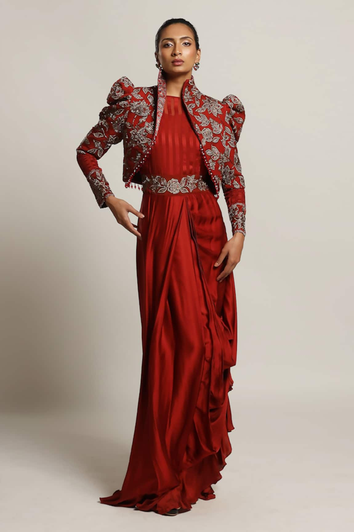 Sejal Kamdar Floral Embroidered Short Jacket & Draped Gown Set