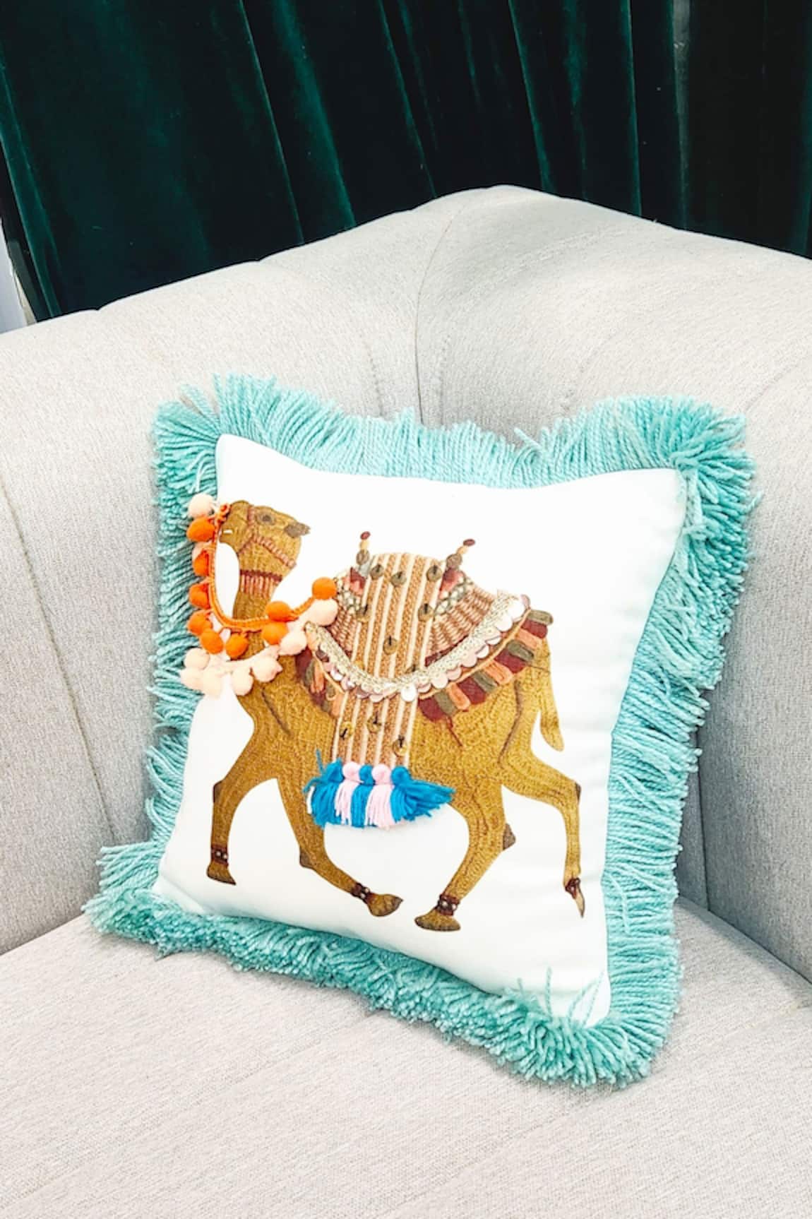 Throwpillow Camel Print Blue Fringe Embroidered Cushion Cover - Single Pc