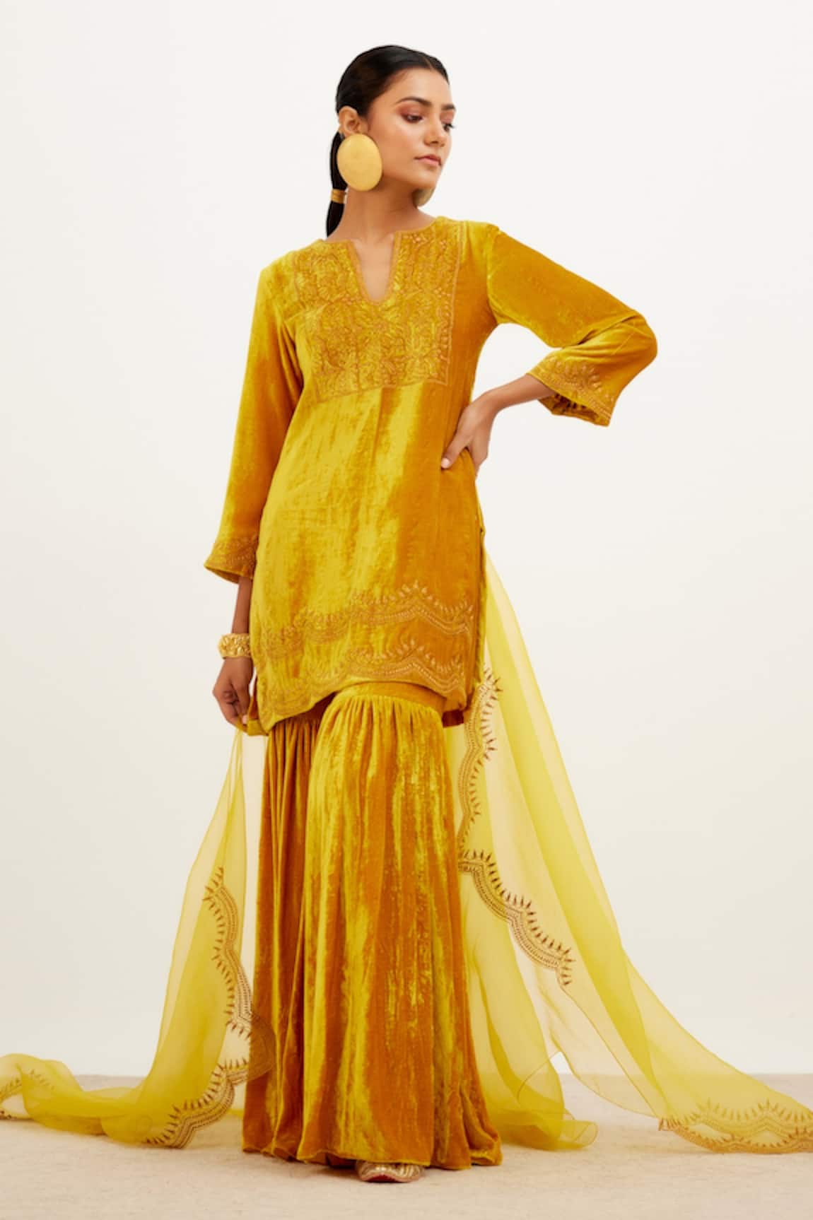 Devnaagri Velvet Zari Embroidered Kurta Sharara Set