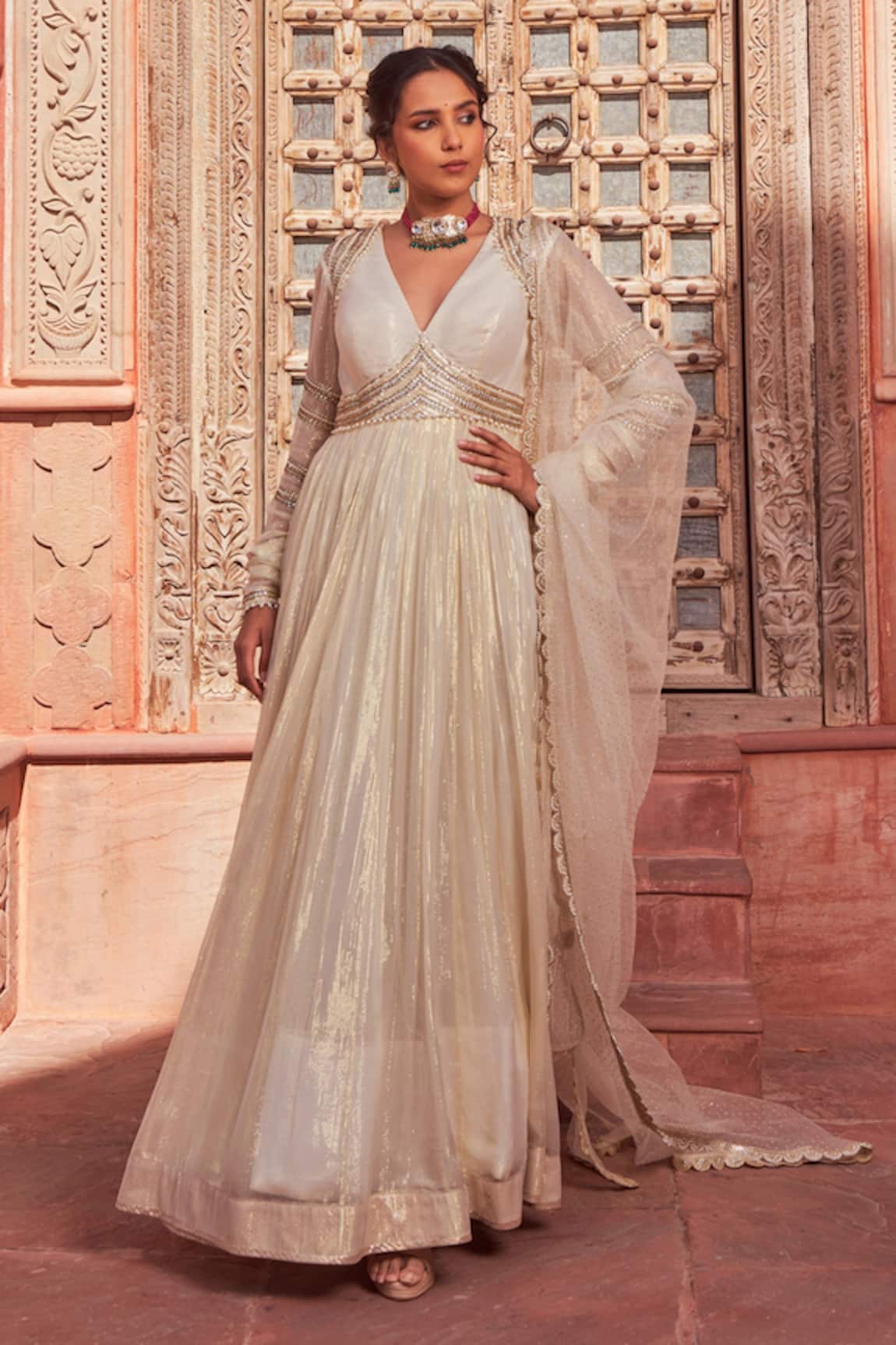 NIDHIKA SHEKHAR Basant Rani Embroidered Bodice Anarkali With Dupatta 