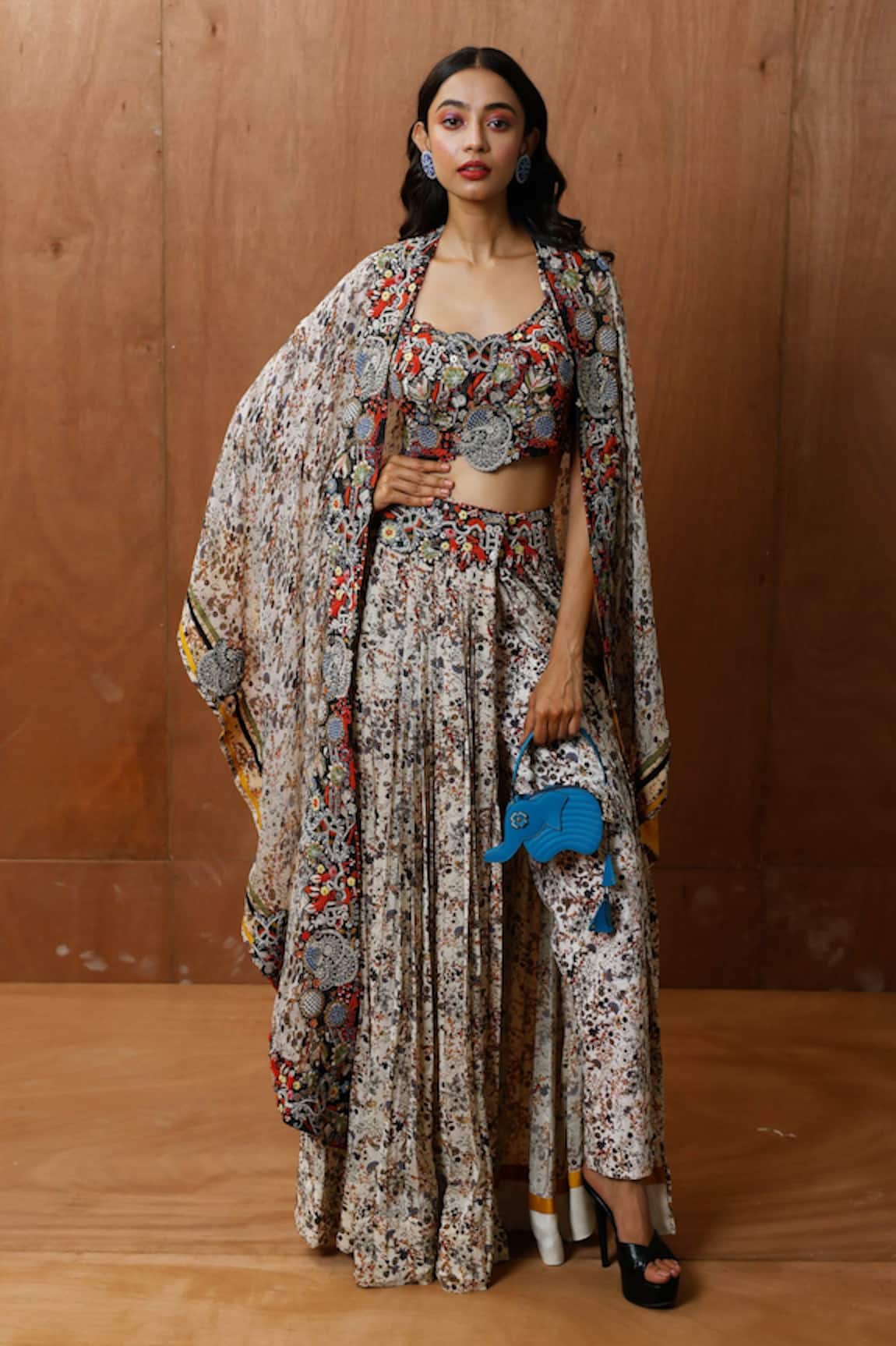 Pds By Sneha Floral Print Cape Wrap Skirt Set 