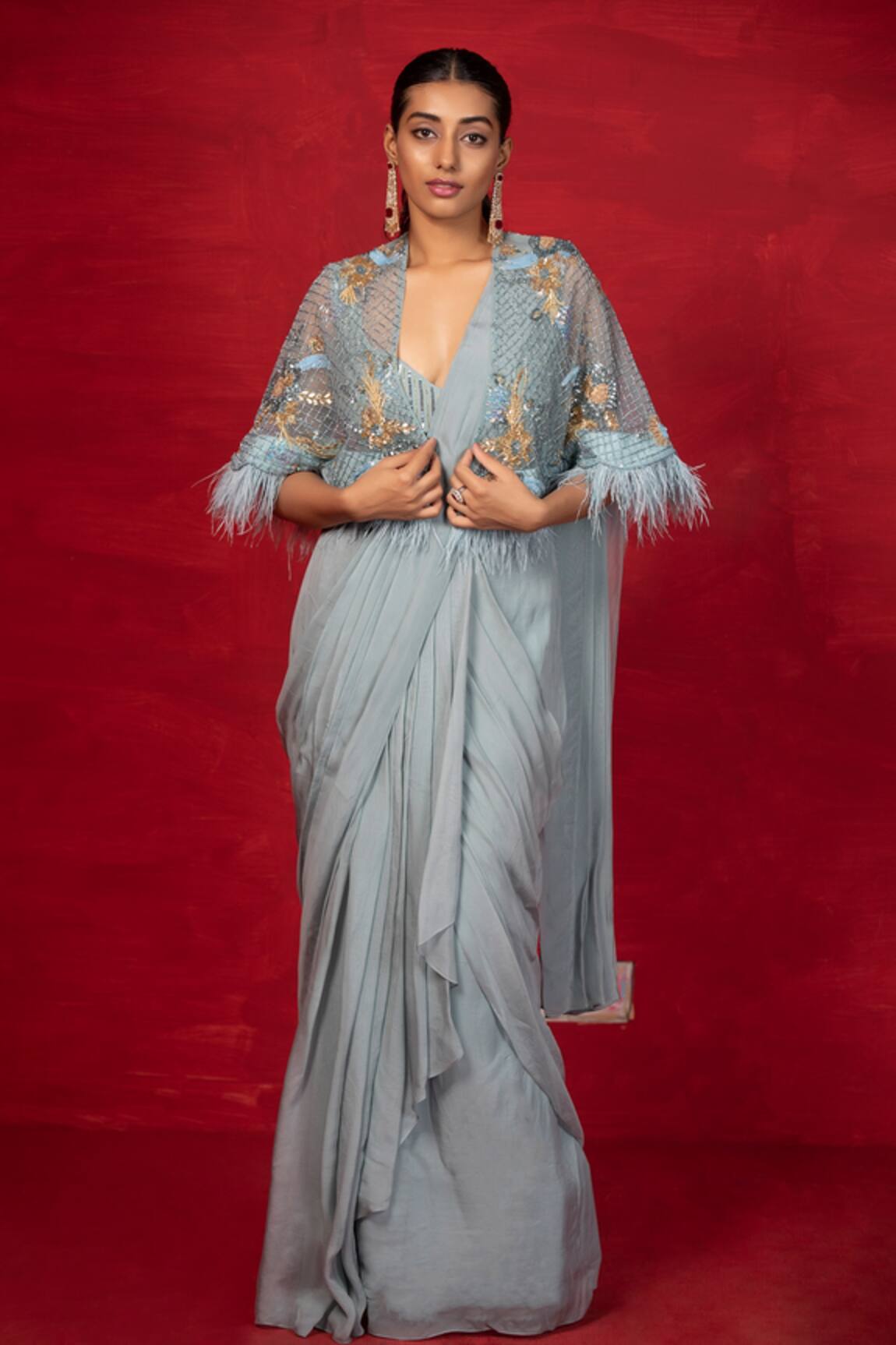 Miku Kumar Cut Dana Work Cape Pre-Draped Saree Set