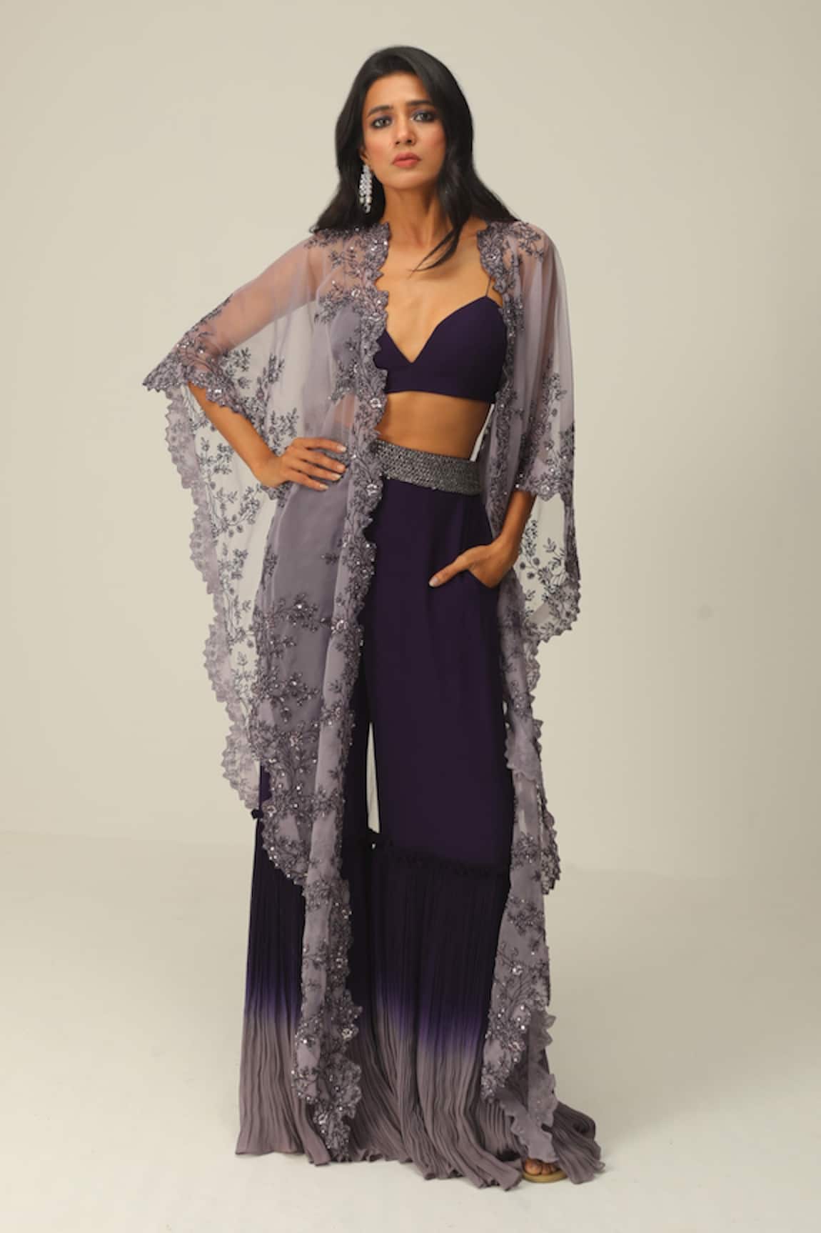 Rishi And Soujit Embroidered Cape & Flared Pant Set 