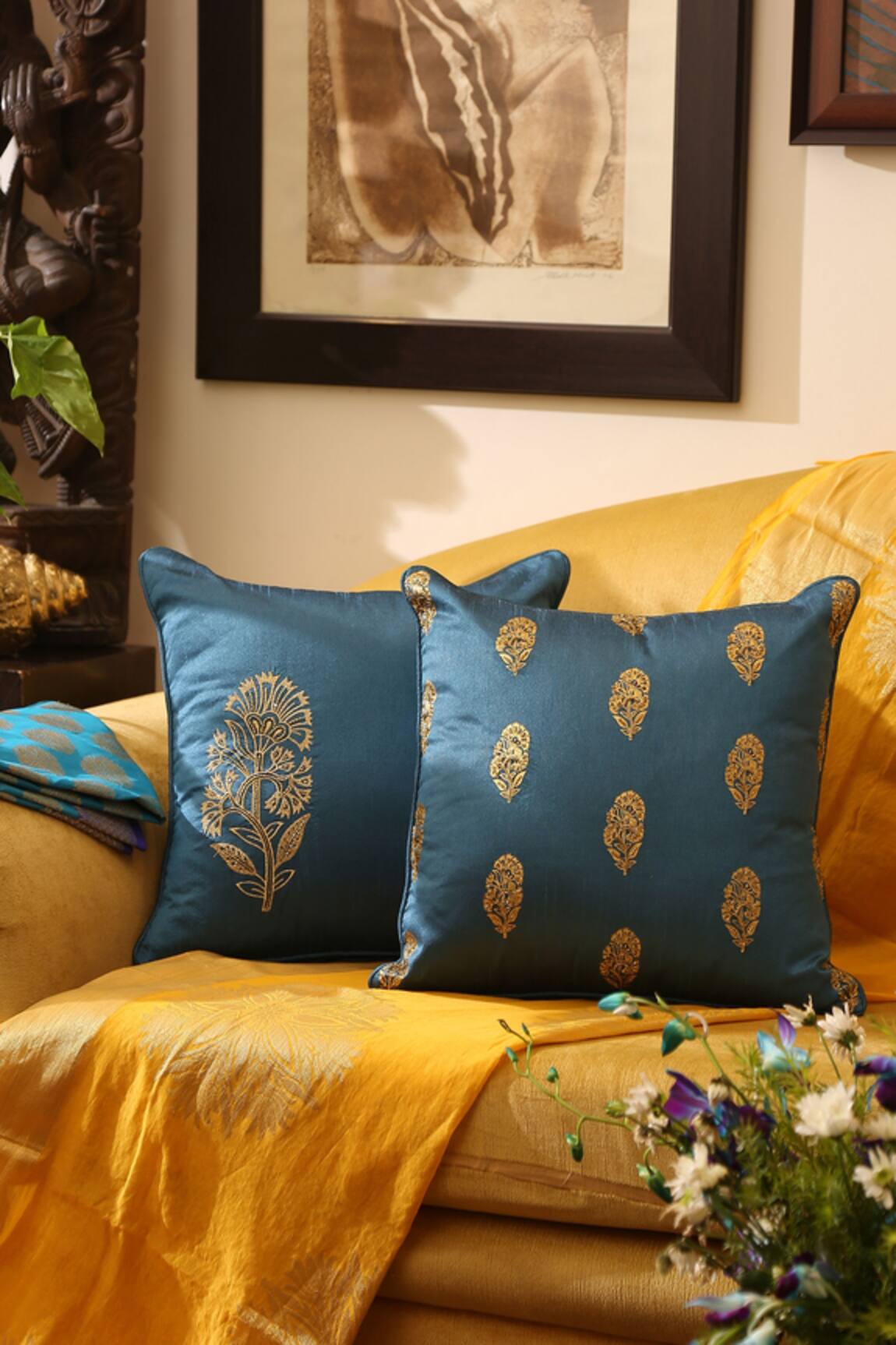 Amoliconcepts Mughal Flower Embroidered Cushion Cover - Set of 2