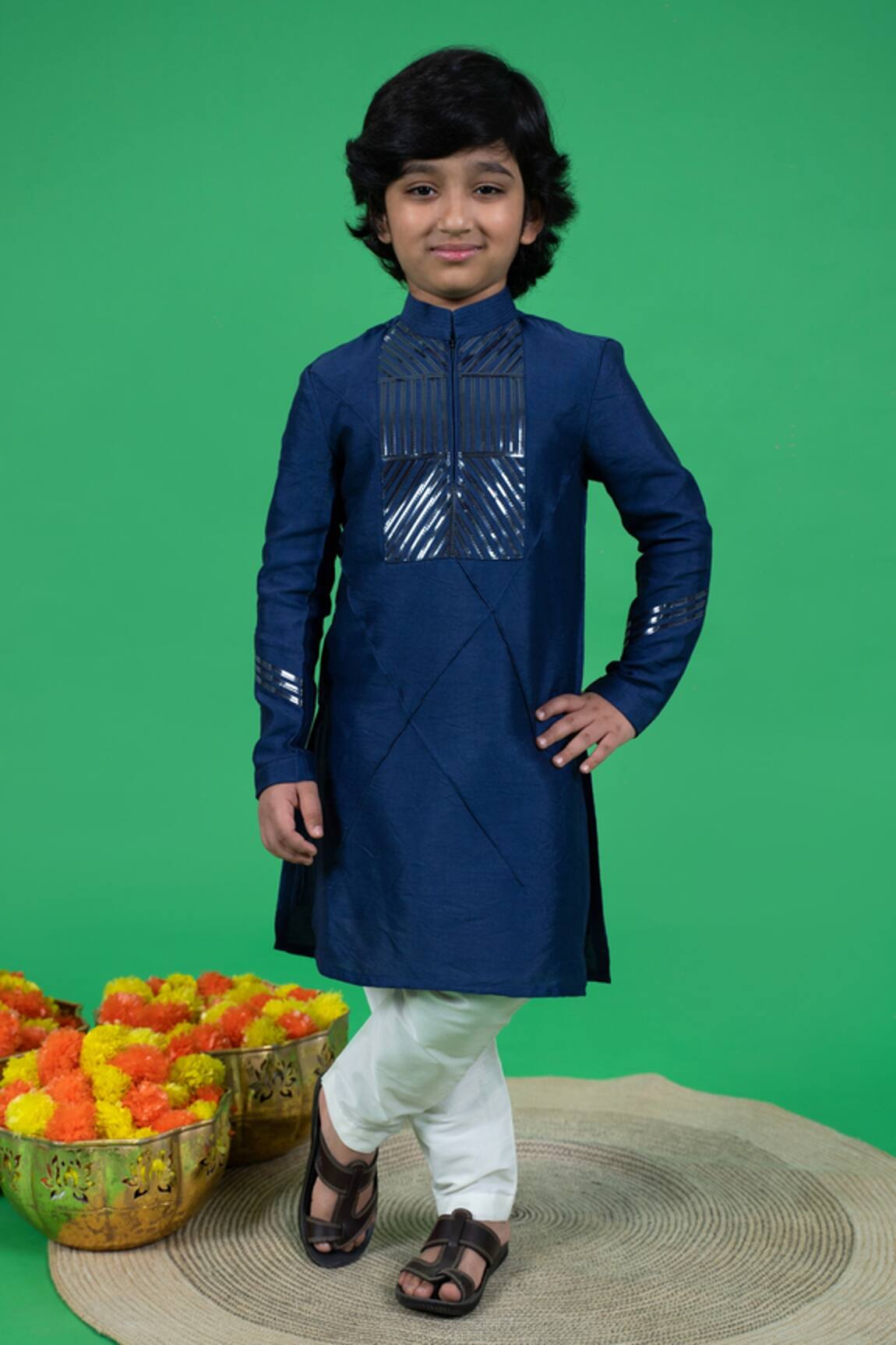 Little Boys Closet Metallic Tape Embroidered Kurta Set
