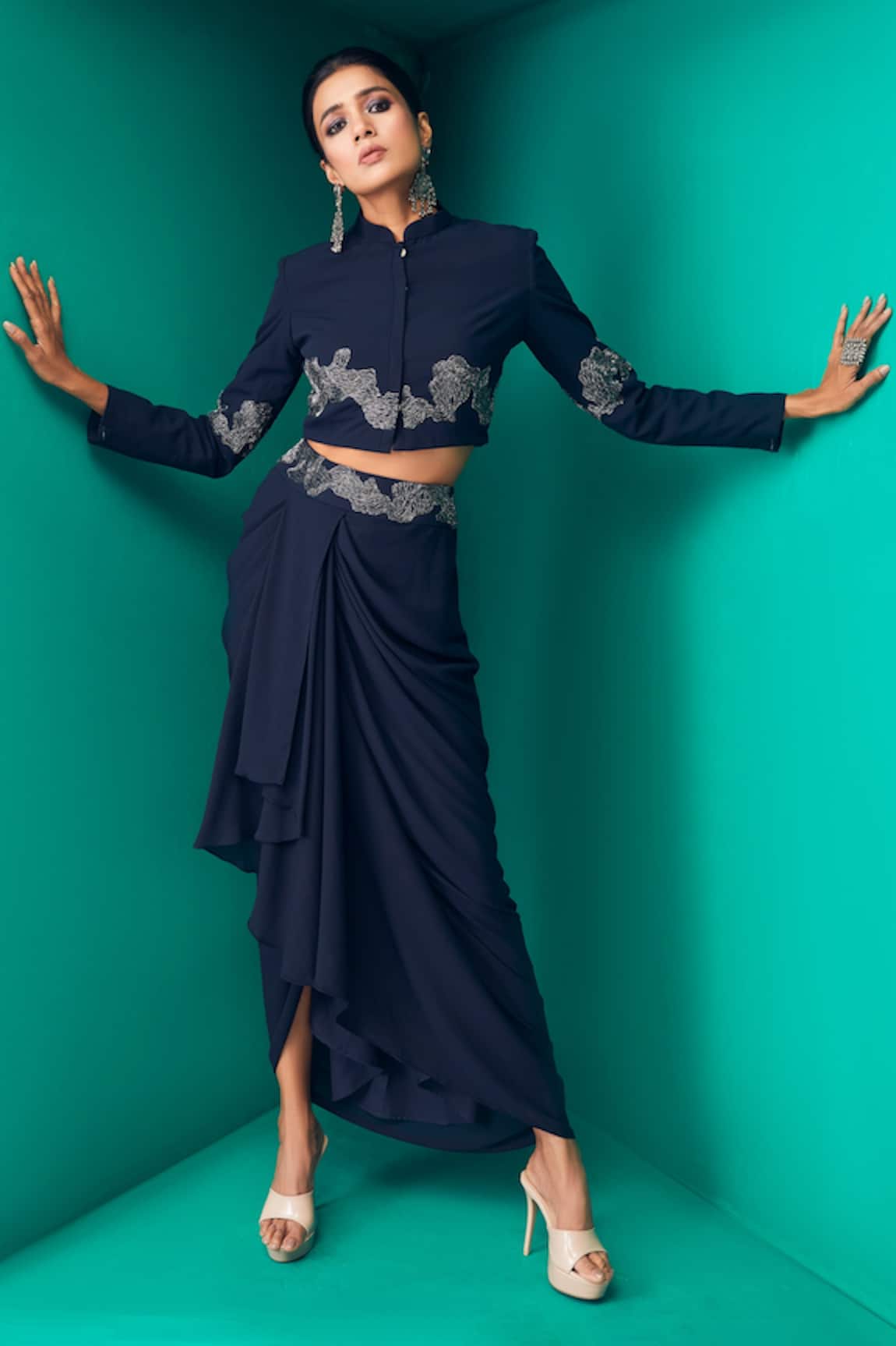 Rishi and Soujit Placement Embroidered Crop Jacket & Draped Skirt Set