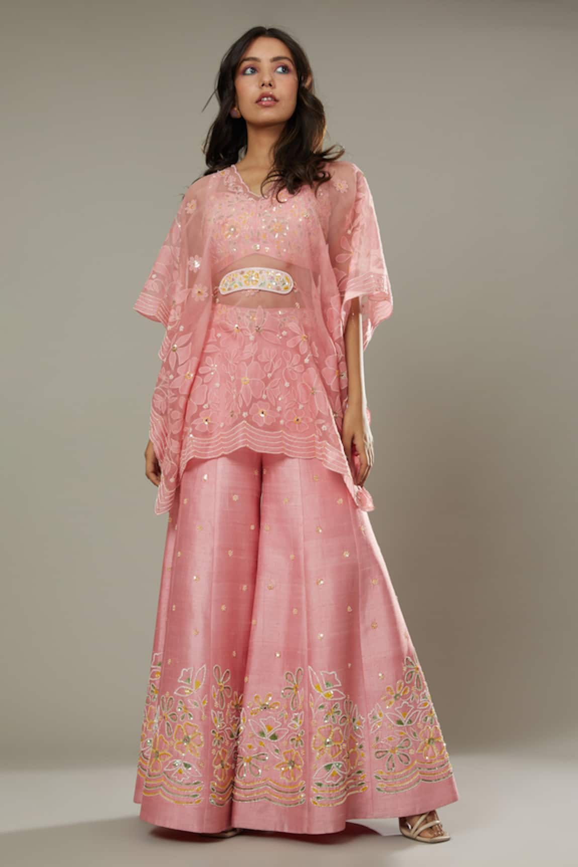 I Am Design Candy Floss Embroidered Palazzo Set With Kaftan