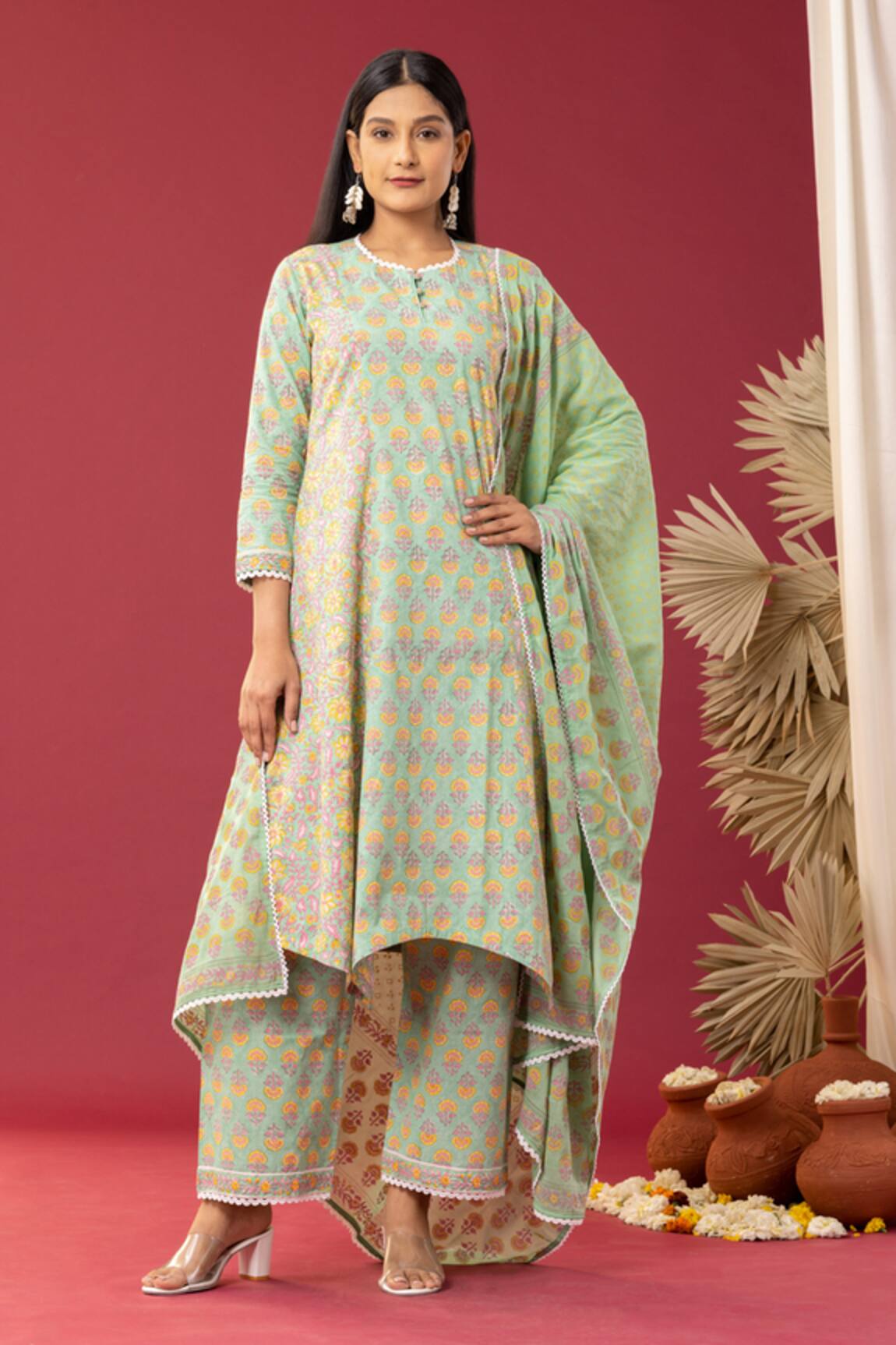 Abbaran Floral Print Asymmetric Kurta Palazzo Set