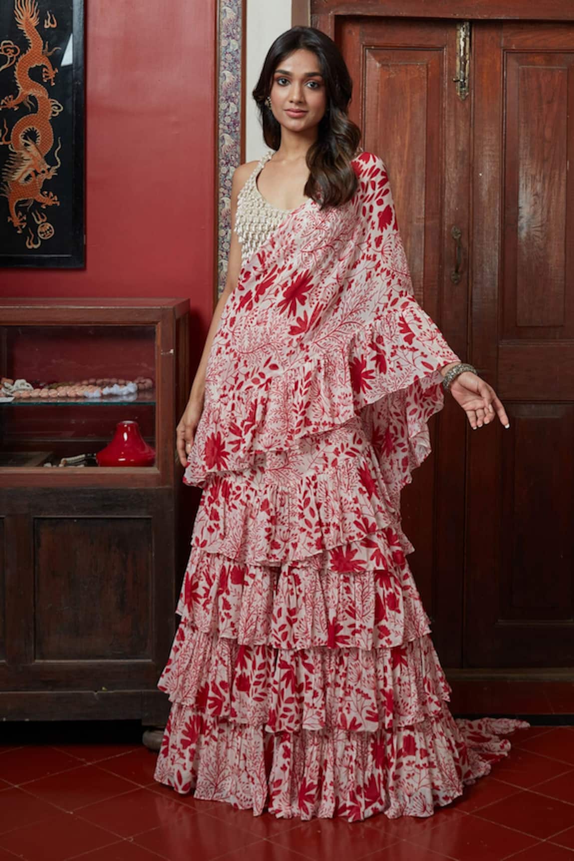 Arpita Mehta Garden Print Ruffle Saree With Blouse