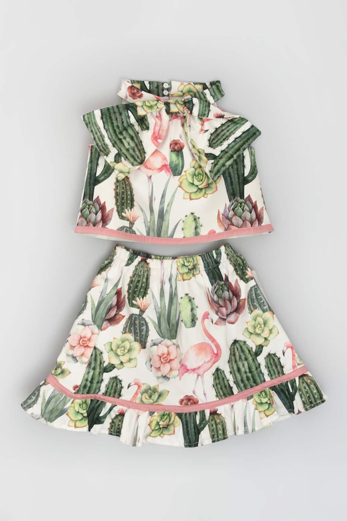 LA DEE DA Cotton Cactus Flamingo Print Top & Skirt Set
