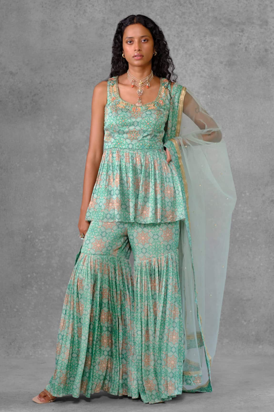 Riraan Couture Floral Print Peplum Kurta Sharara Set