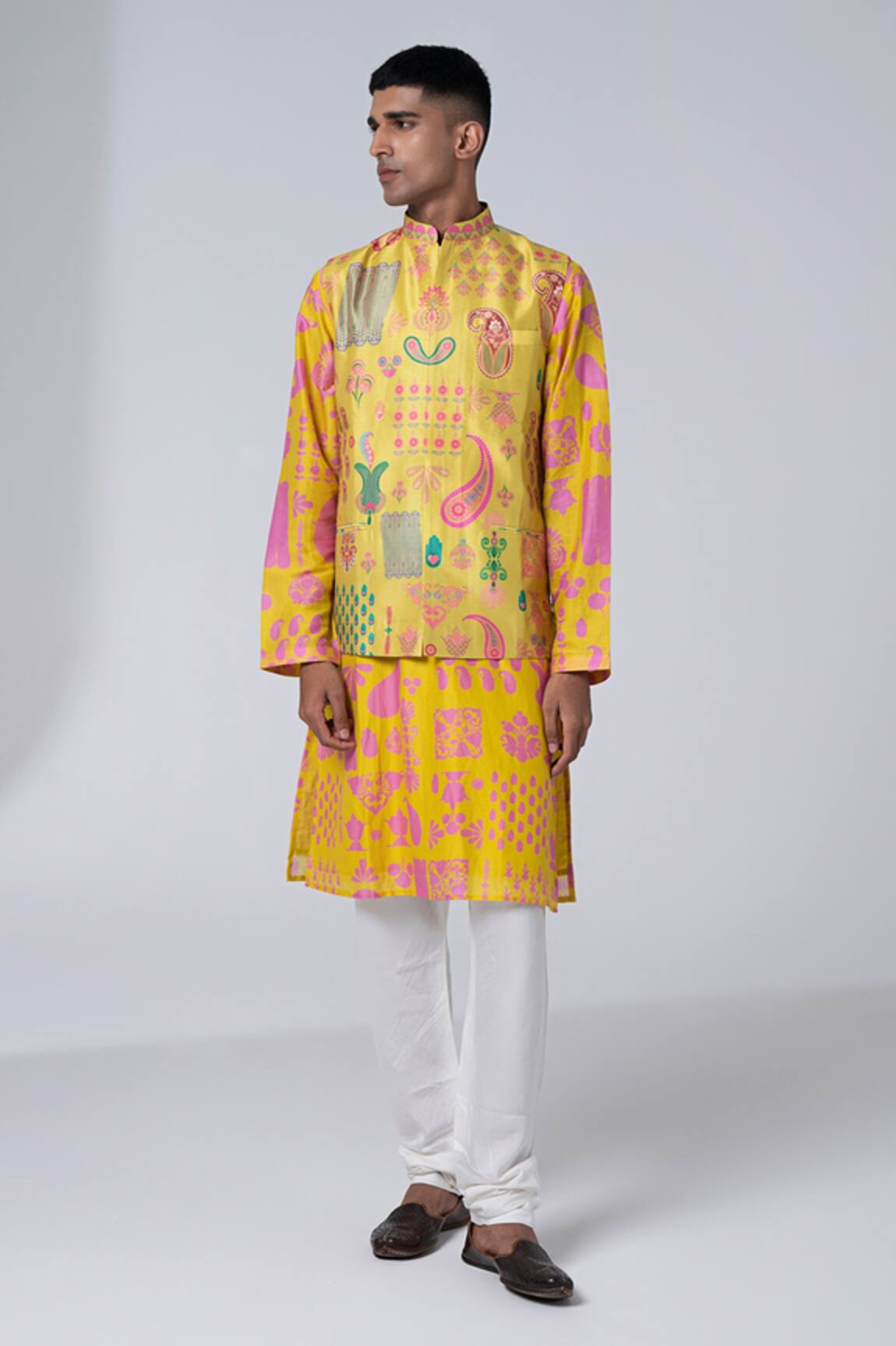 Siddhartha Bansal Yellow Hamsa Print Dupion Bundi