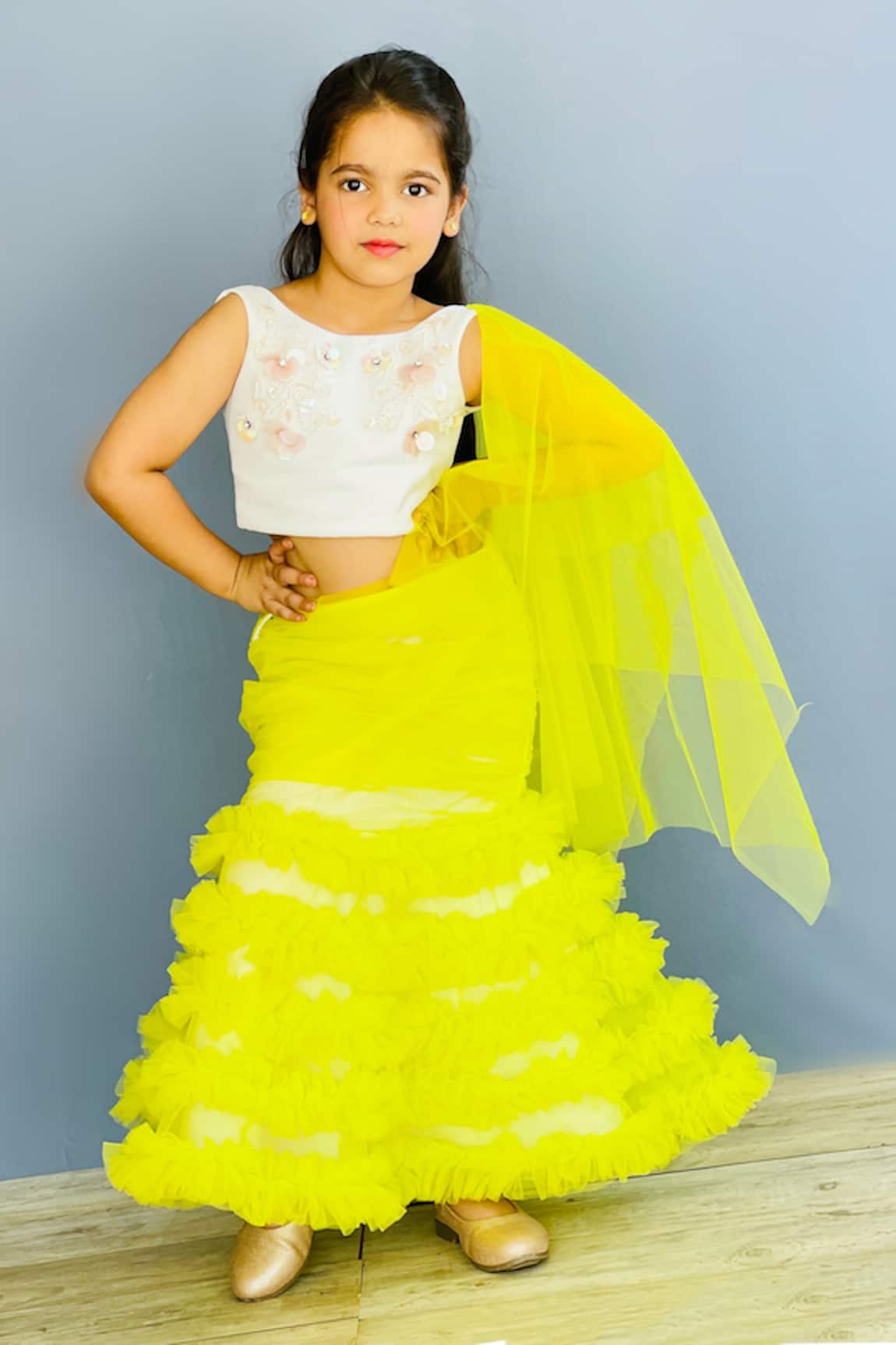 Pinkcow designs pvt ltd Floral Embellished Top & Ruffle Mermaid Lehenga Set