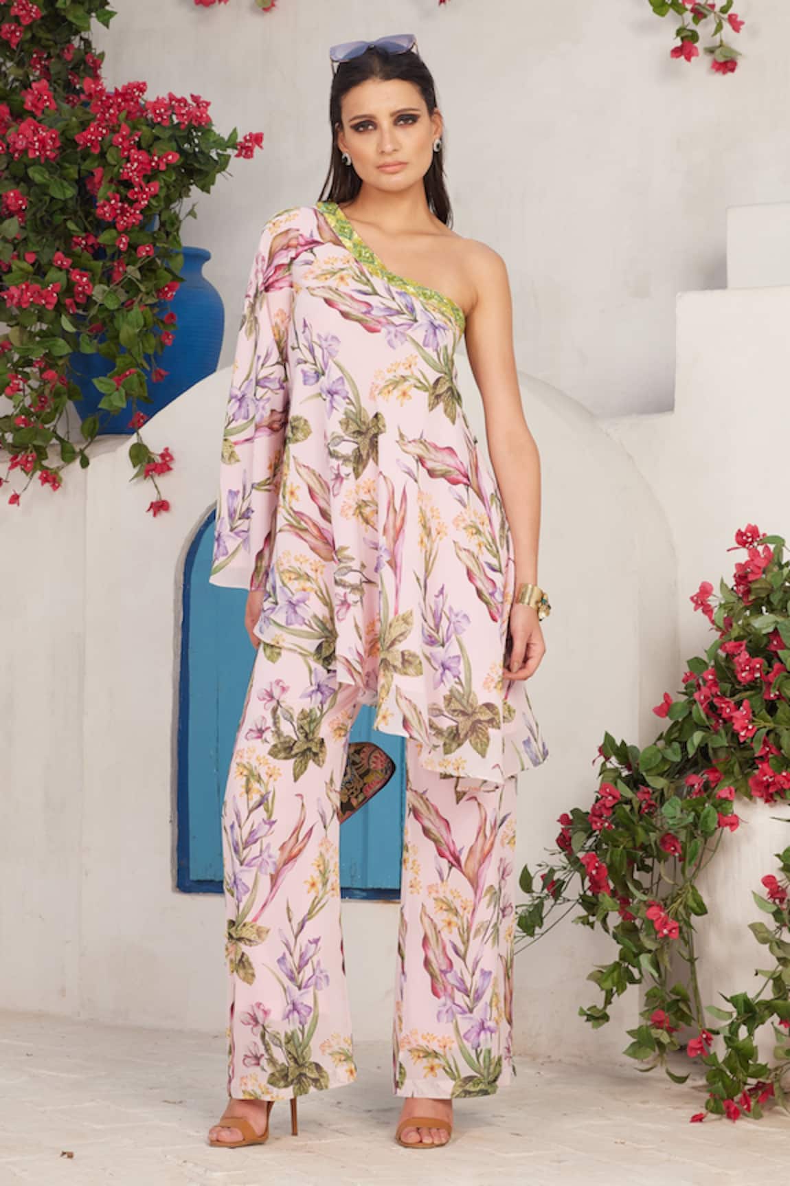 Reynu Taandon Floral Print One Shoulder Top & Pant Co-ord Set