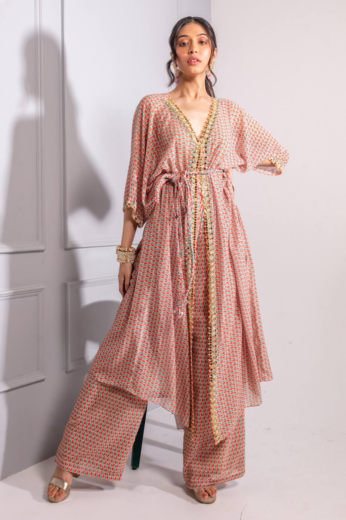 Ria Shah Label Floral Print Kaftan & Wide Pant Set