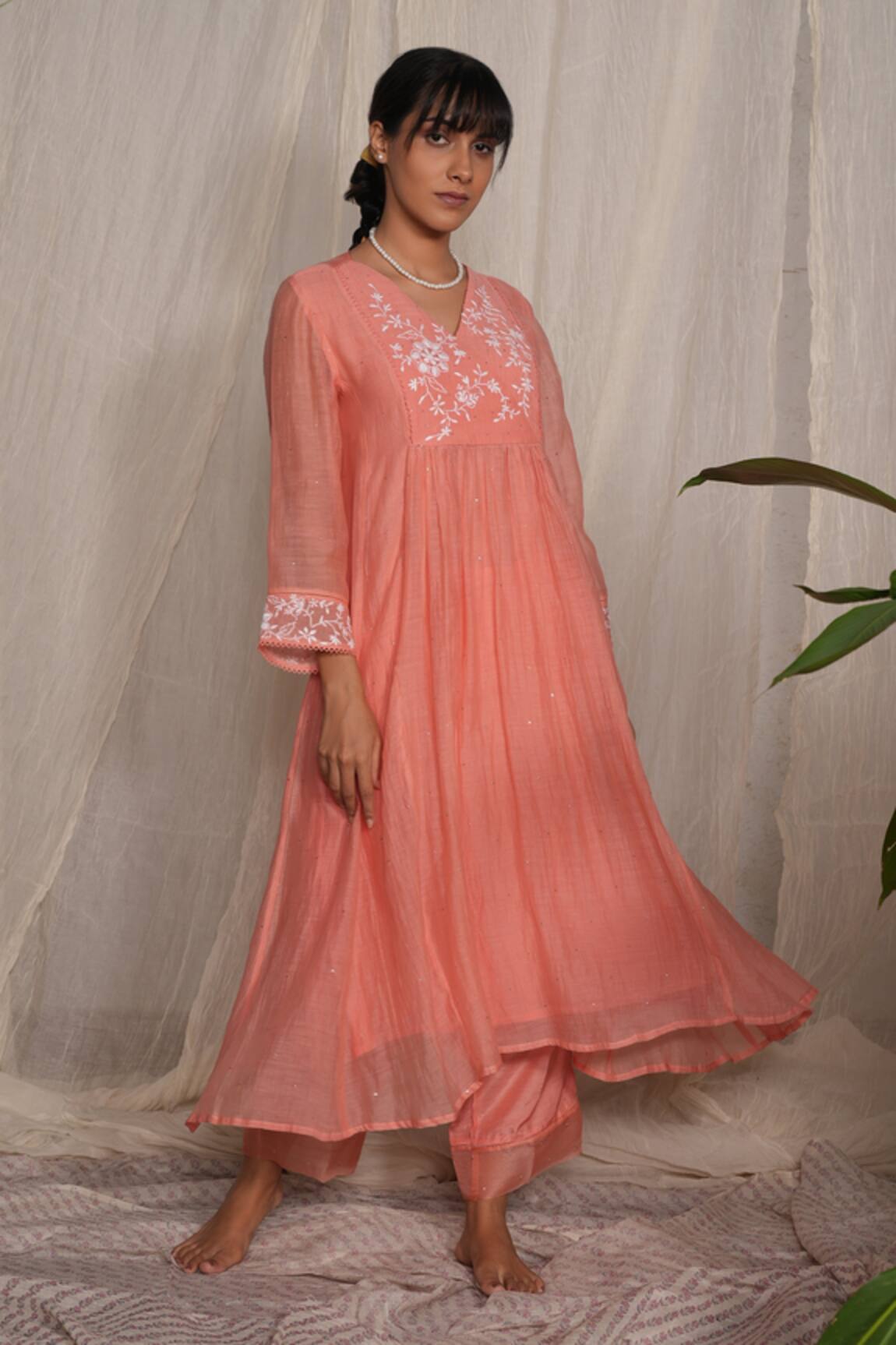 Pants And Pajamas Candy Stick Peach Chikankari Chanderi Kurta 
