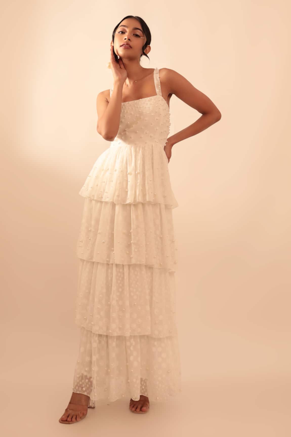 Vanshika Agarwal Label Pearl Embroidered Ruffle Layer Gown 