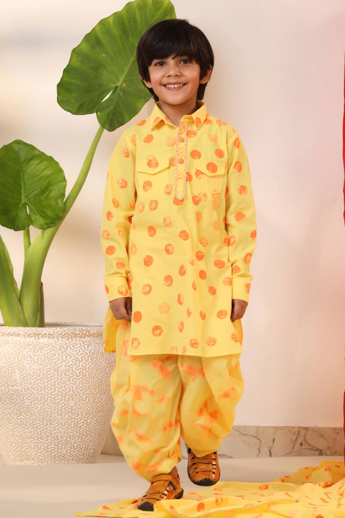 CUTE COUTURE Yellow Polka Dot Pathani Kurta & Salwar Set 