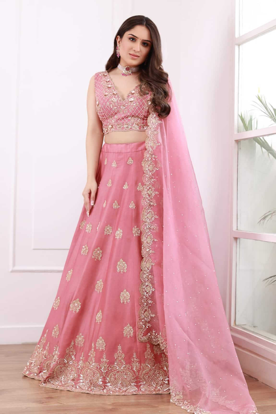 Megha & Jigar Chanderi Floral Embroidered Bridal Lehenga Set