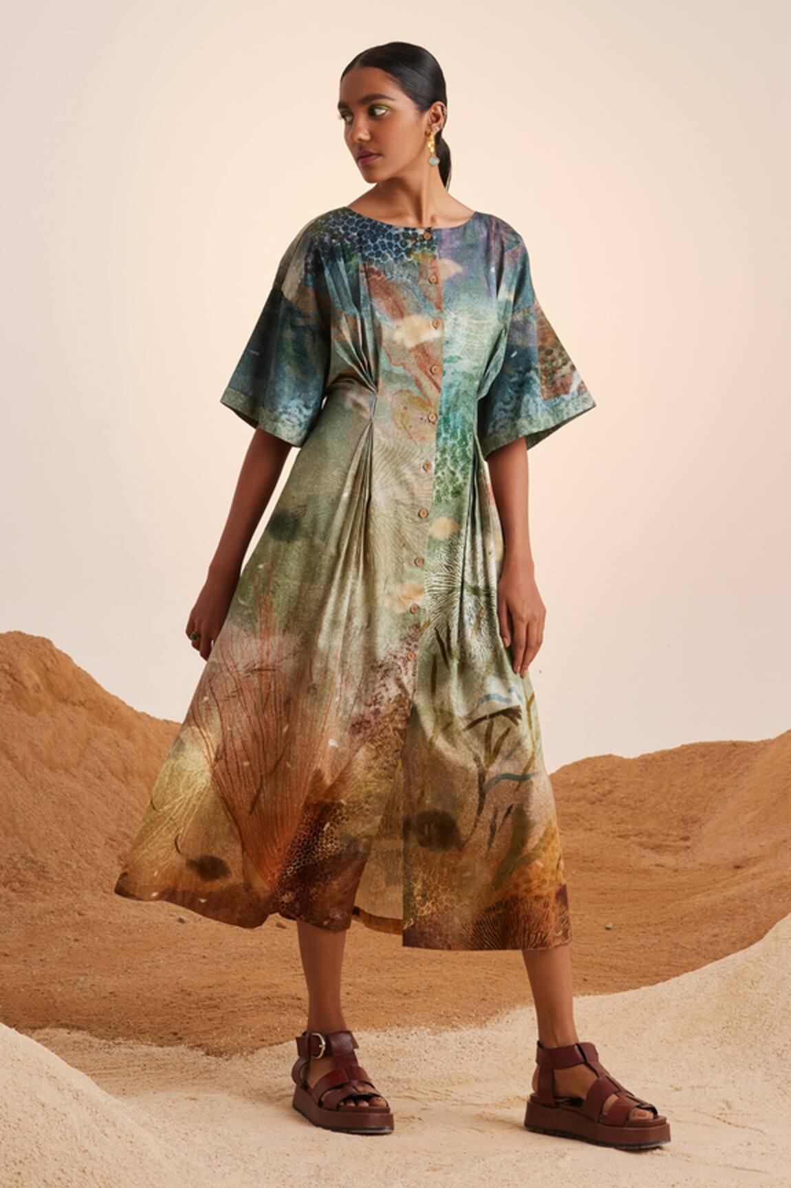 Cord Cotton Satin Printed Dress