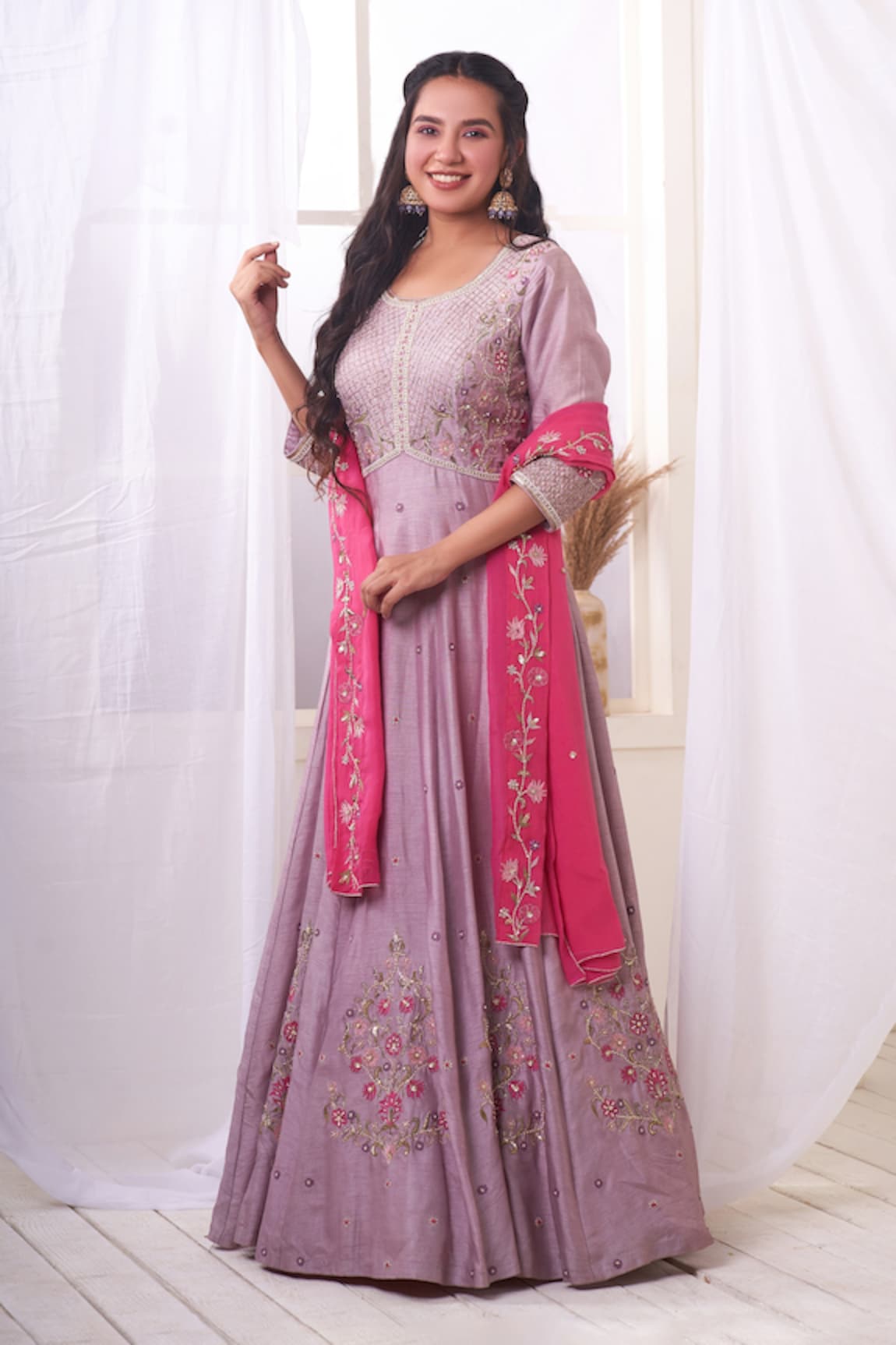 Geetika Jain Hand Embroidered Anarkali With Hot Pink Dupatta