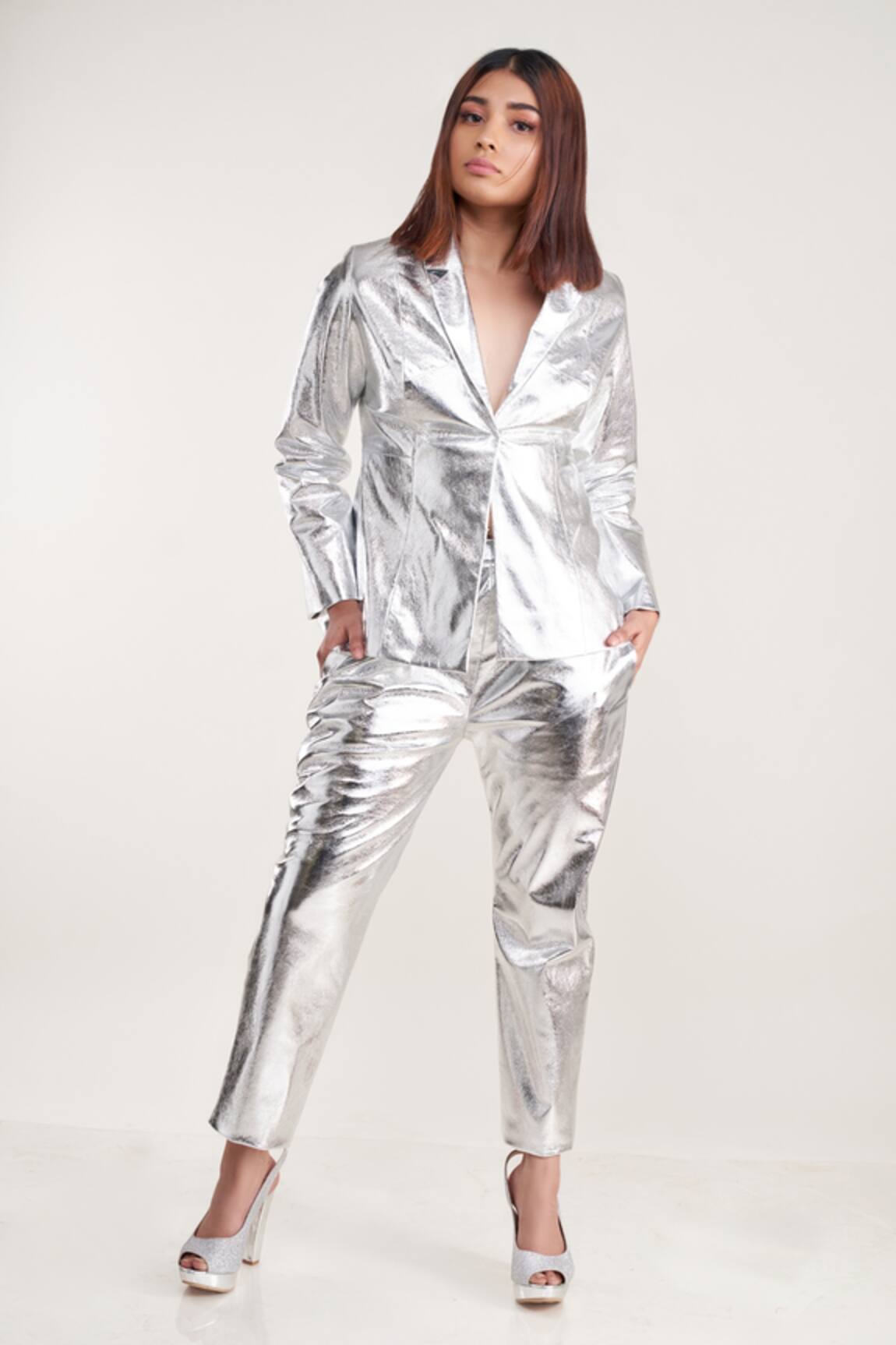 Pooja Bagaria Silver Metallic Blazer & Pant Set 
