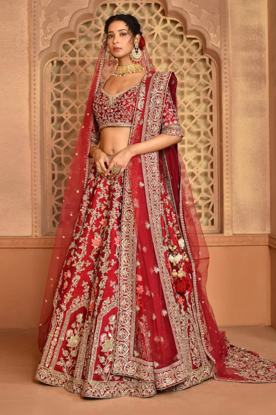 Kalighata Raw Silk Floral Embroidered Bridal Lehenga Set 