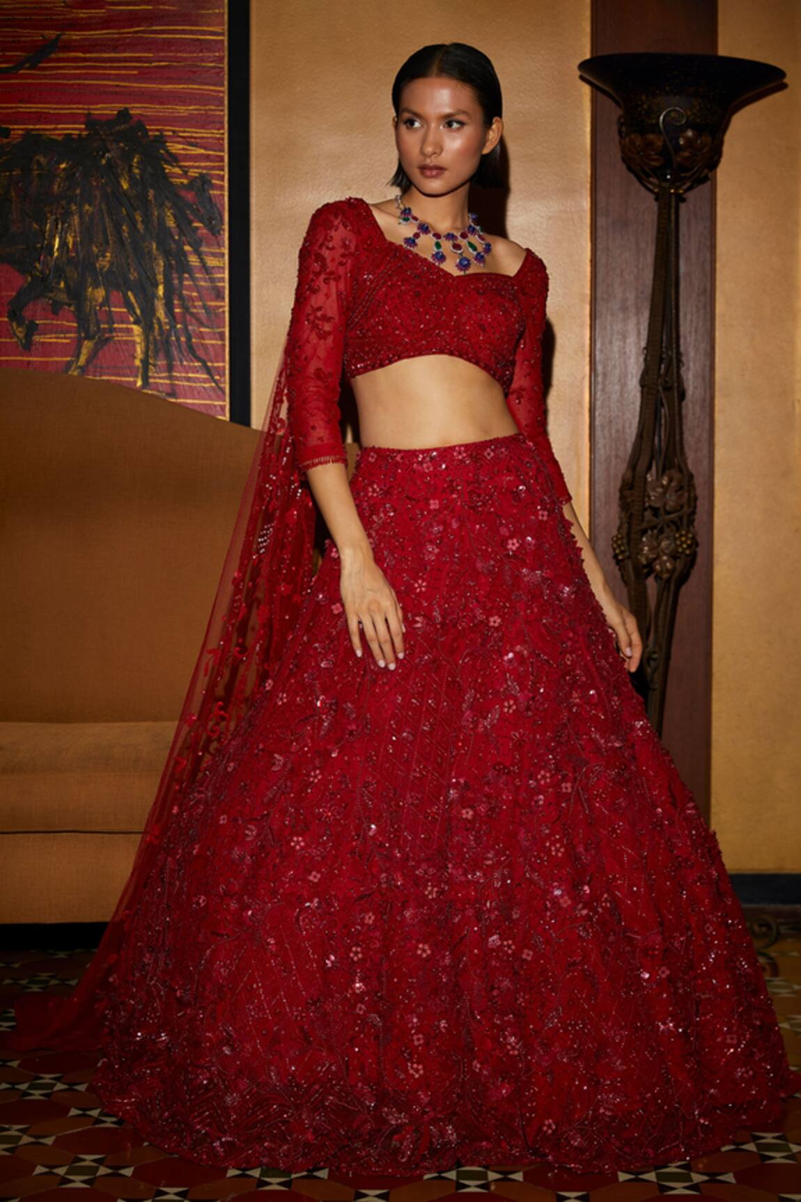 Nadine Dhody Athena Sequin Flower Hand Embroidered Bridal Lehenga Set