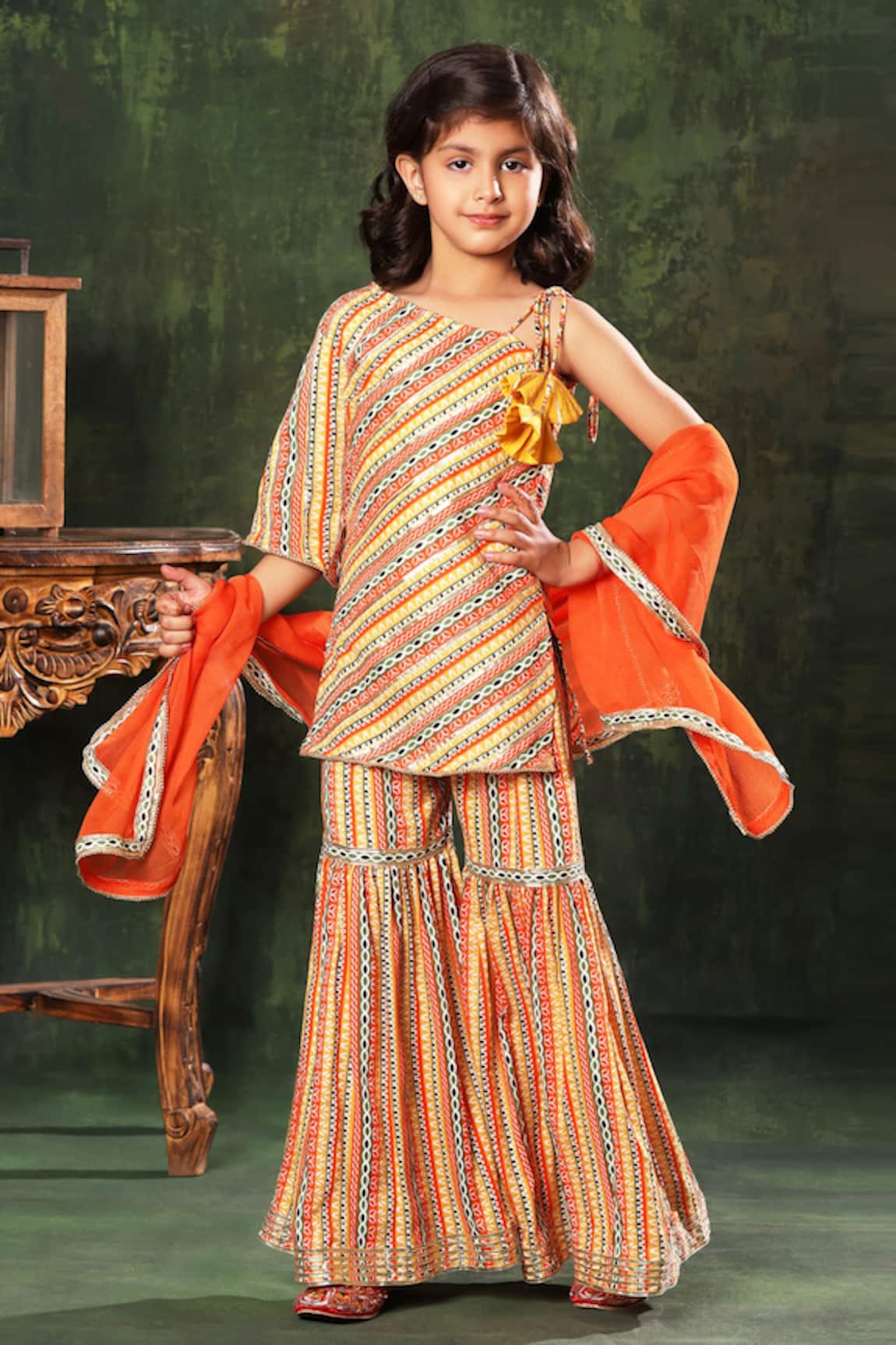 Littlecheer Printed Stripes One Shoulder Kurta Sharara Set