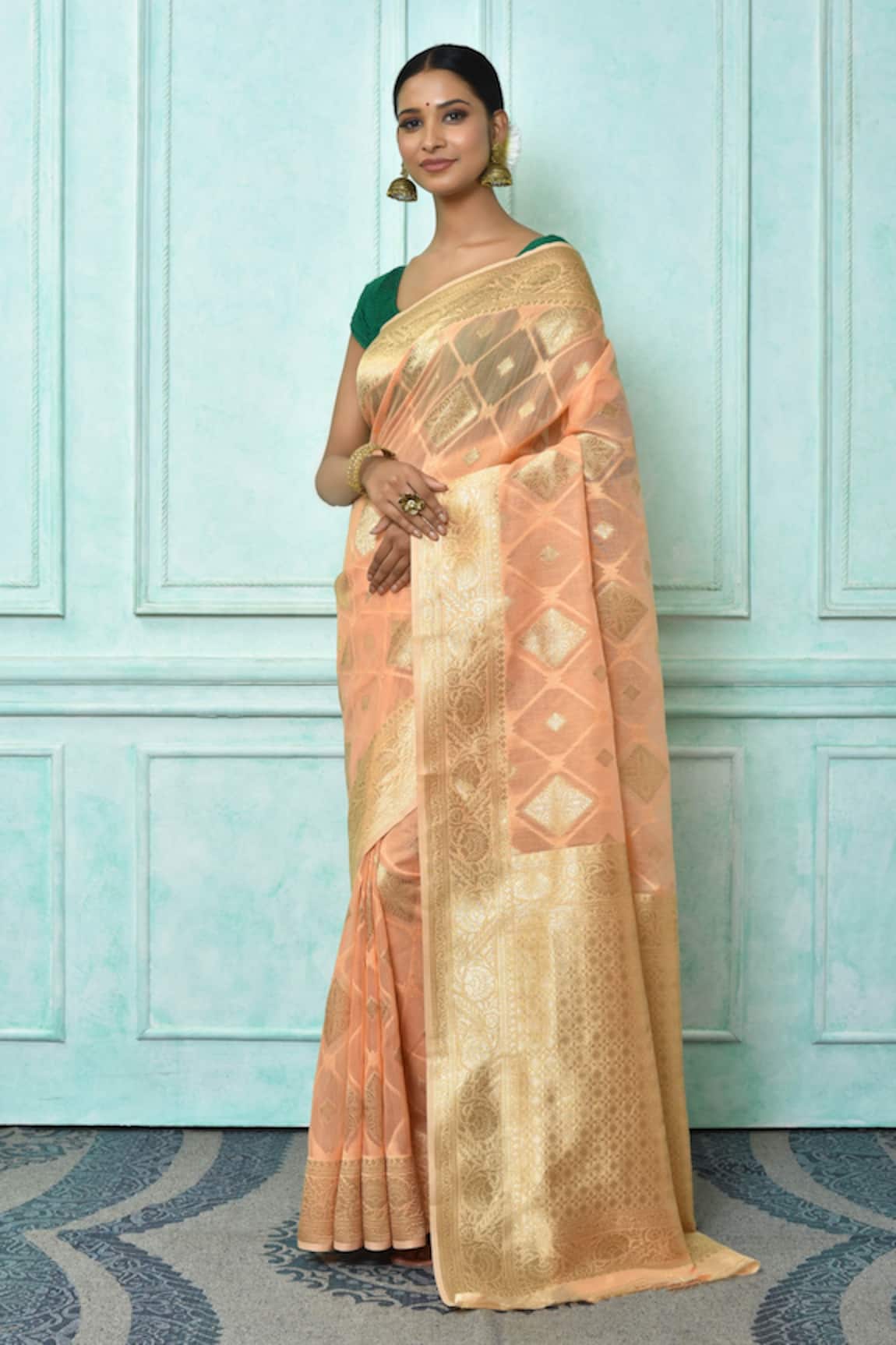 Samyukta Singhania Geometric Woven Pastel Saree With Running Blouse