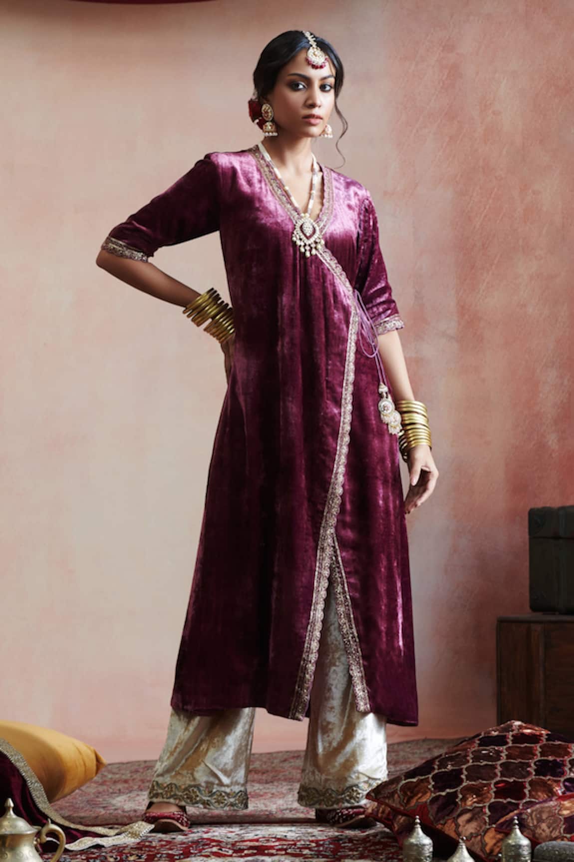 Weaver Story Embroidered Angrakha Kurta & Farshi Pant Set