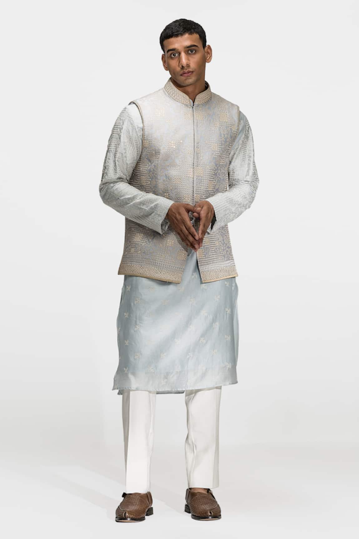 Asuka Ice Blue Embroidered Bundi & Kurta Set