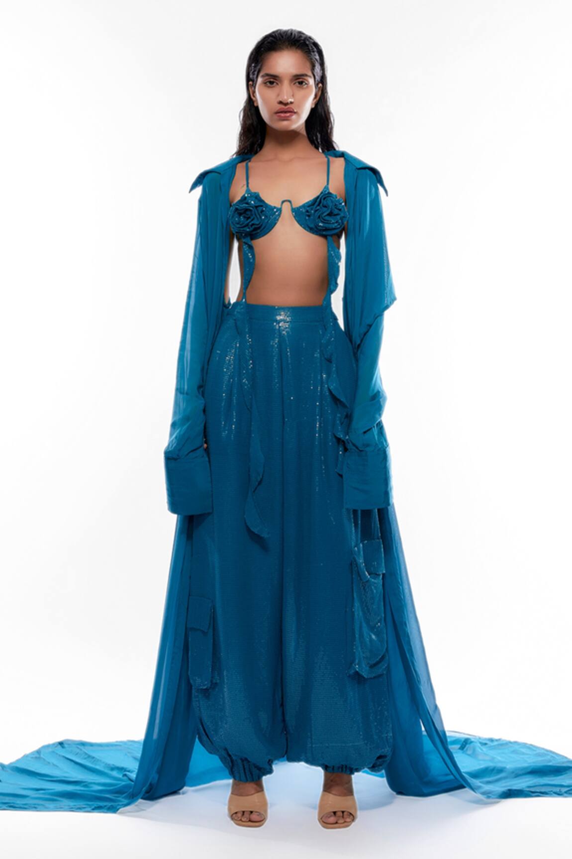 Deme By Gabriella Long Cape & Sequin Embellished Harem Pant Set