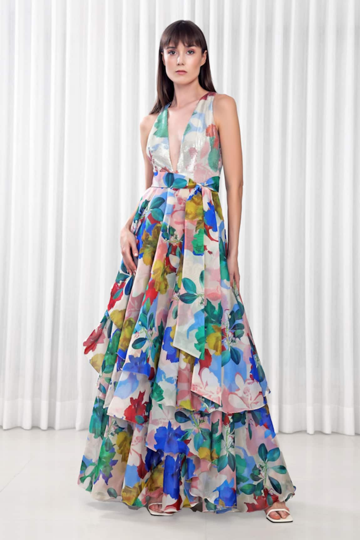 Mandira Wirk Resort Hibiscus Print Layered Gown Gown