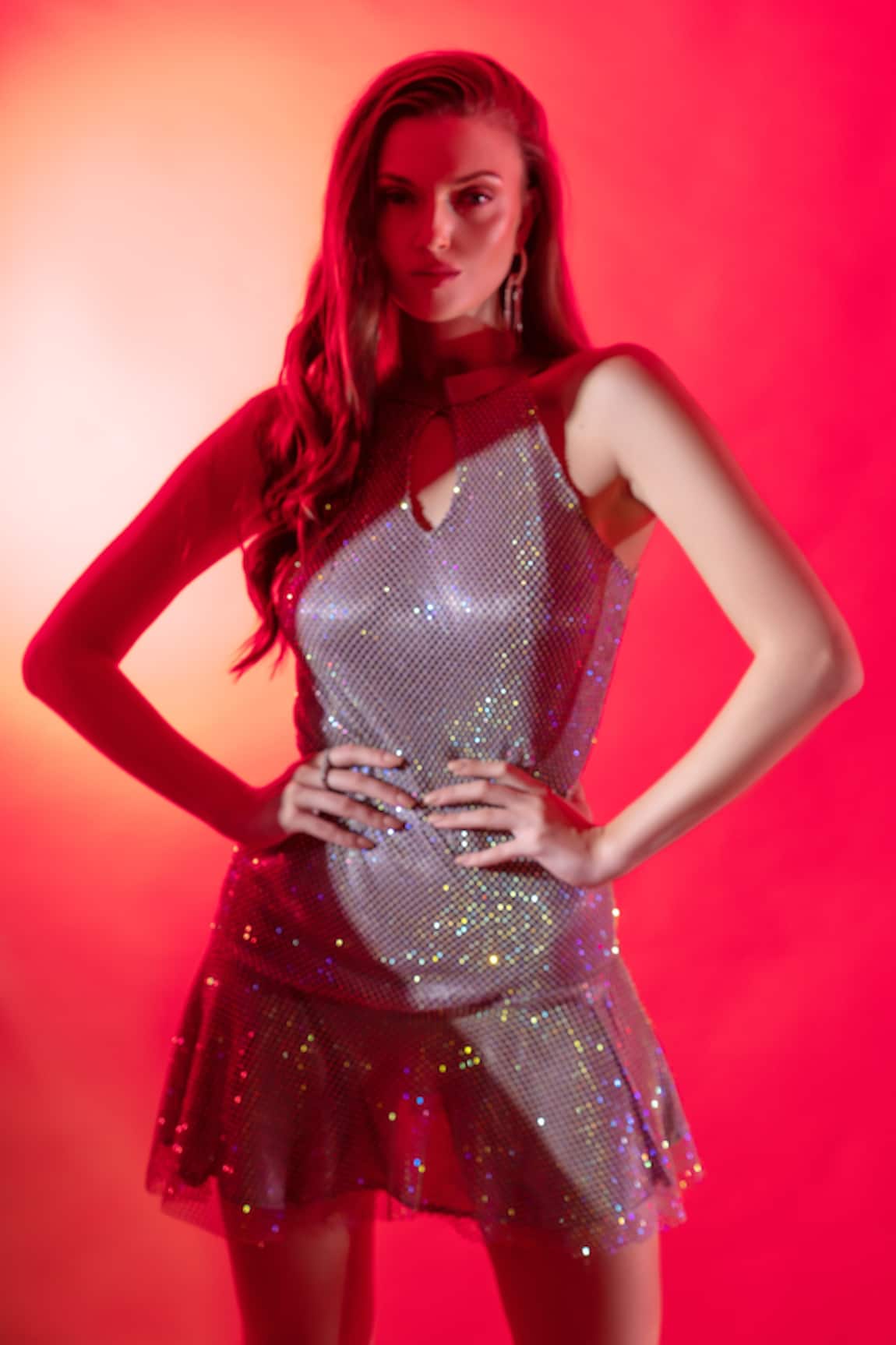 Torqadorn Rhinestone Mesh Ruffle Dress