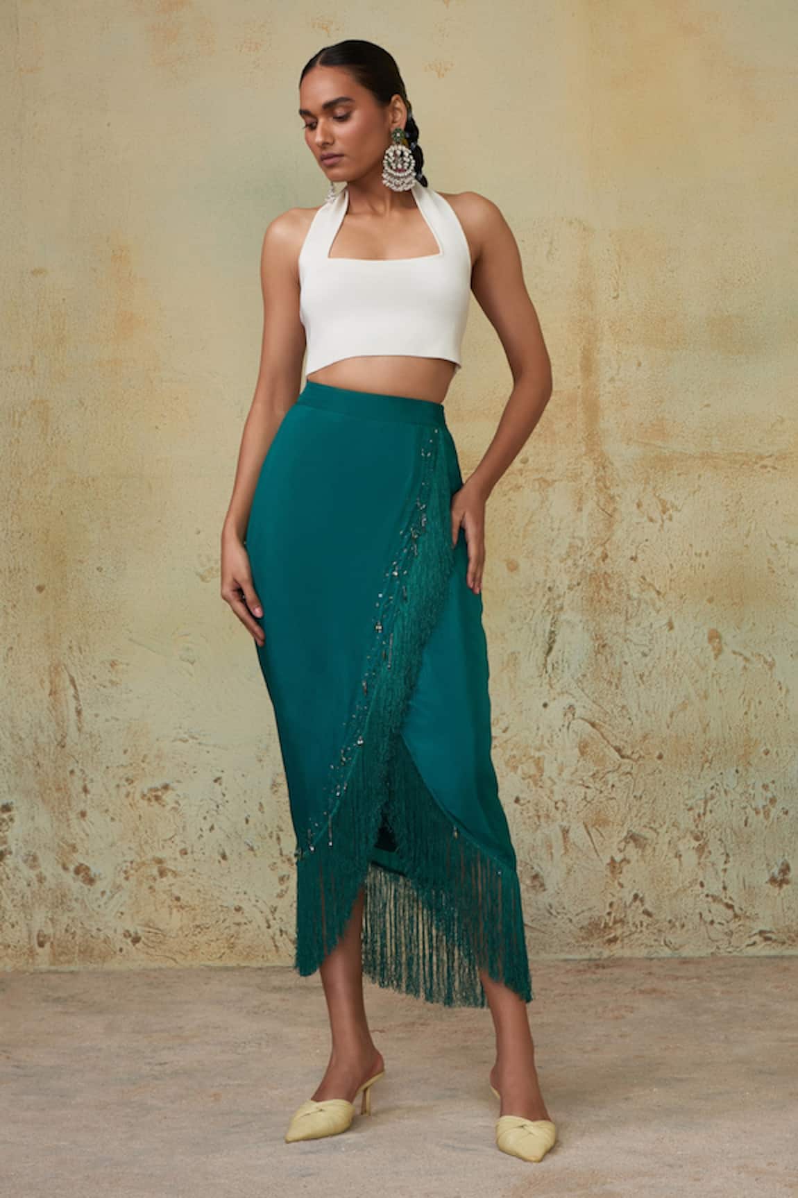 Style Junkiie Asymmetric Fringed Wrap Skirt 