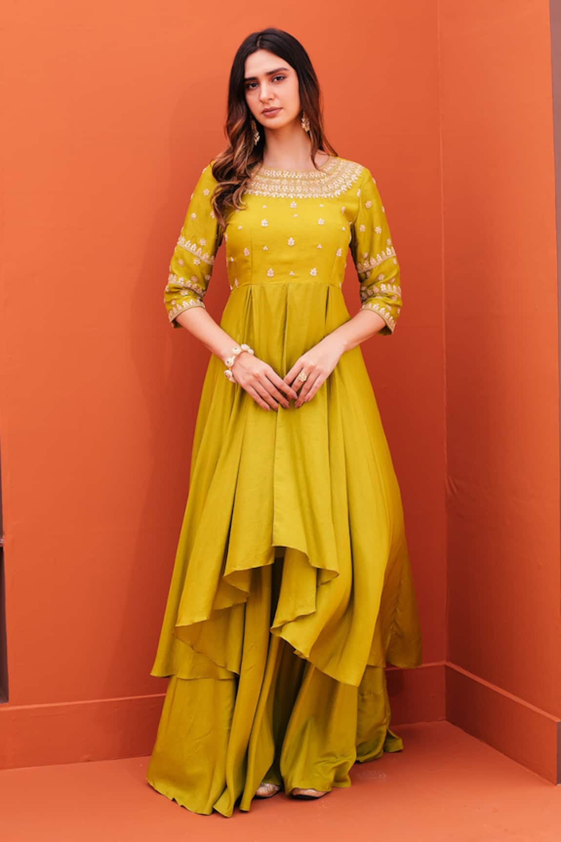Kesar Studio Asymmetric Hem Silk Kurta & Flared Skirt Set 